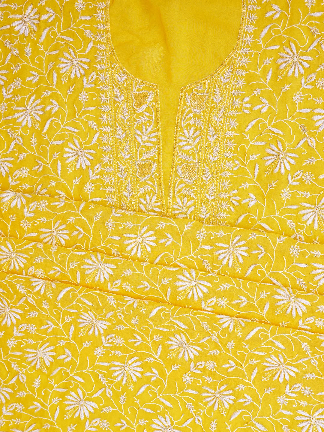 Ada Hand Embroidered Yellow Pure Georgette Lucknowi Chikankari Unstitched Kurta Dupatta Set With Pearl Work 01A705089