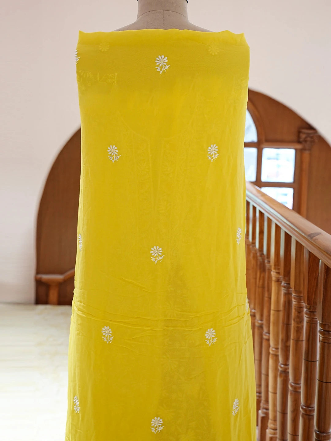Ada Hand Embroidered Yellow Pure Georgette Lucknowi Chikankari Unstitched Kurta Dupatta Set With Pearl Work 01A705089