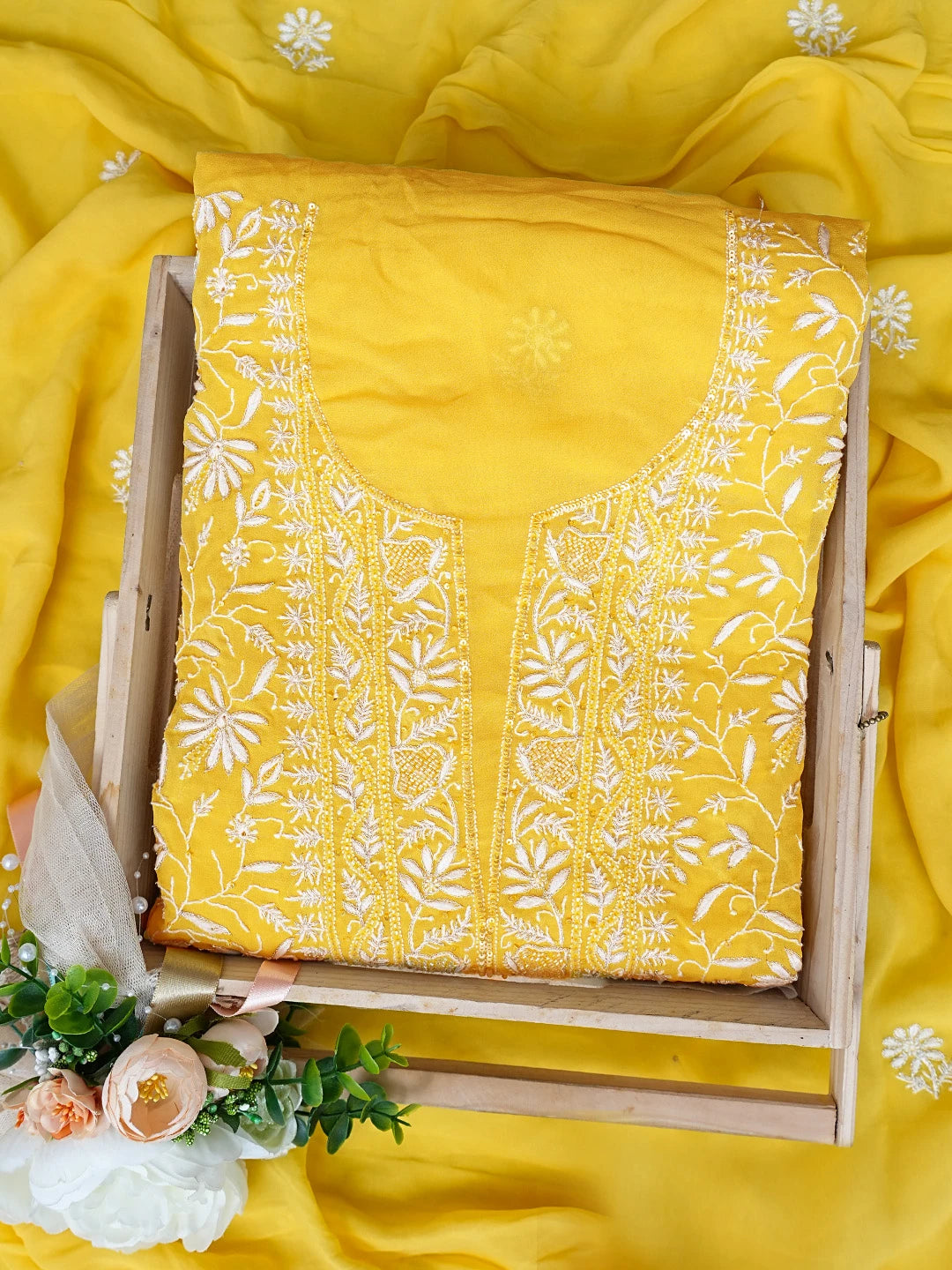 Ada Hand Embroidered Yellow Pure Georgette Lucknowi Chikankari Unstitched Kurta Dupatta Set With Pearl Work 01A705089