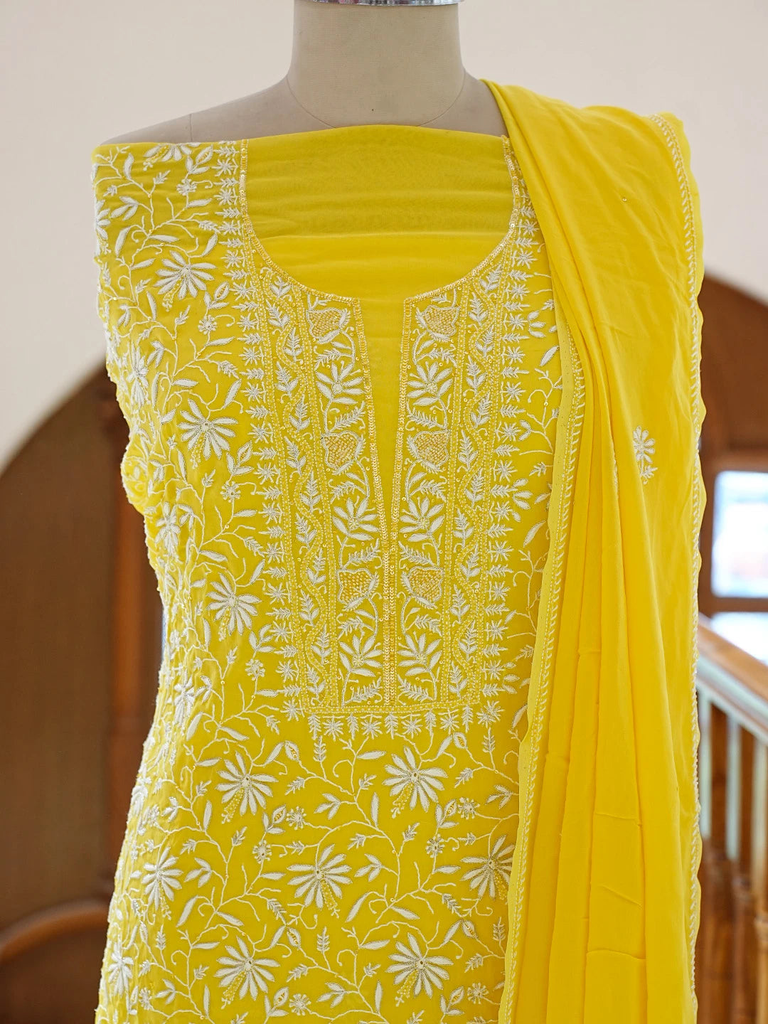 Ada Hand Embroidered Yellow Pure Georgette Lucknowi Chikankari Unstitched Kurta Dupatta Set With Pearl Work 01A705089