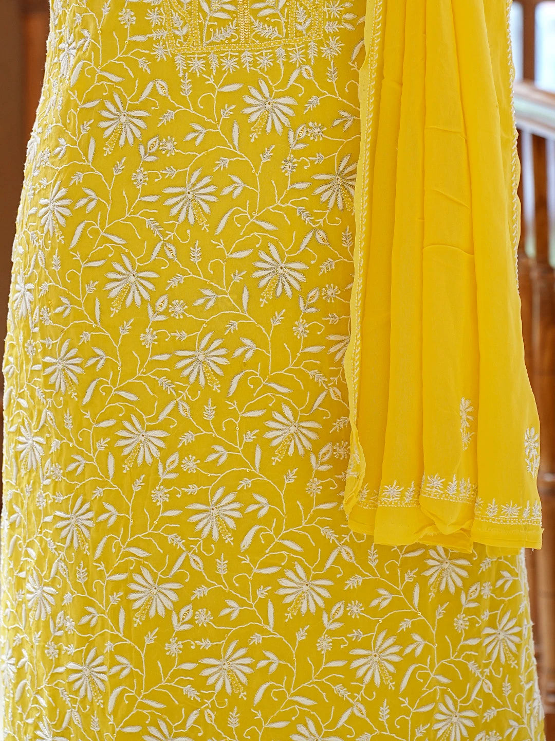Ada Hand Embroidered Yellow Pure Georgette Lucknowi Chikankari Unstitched Kurta Dupatta Set With Pearl Work 01A705089