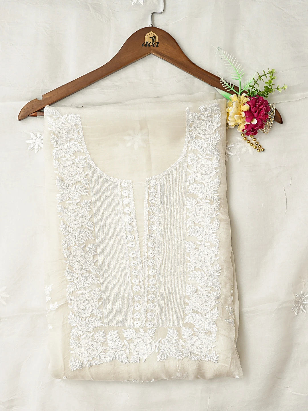 Ada Hand Embroidered White Organza Lucknowi Chikankari Unstitched Kurta Dupatta Set With Cutdana Work 01A833073