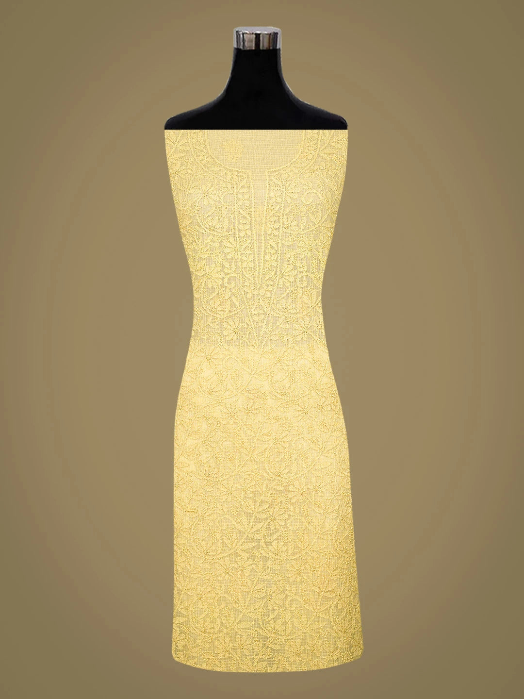 Ada Hand Embroidered Biscuit Yellow Kota Lucknowi Chikankari Unstitched Kurta Dupatta Set 01A681156
