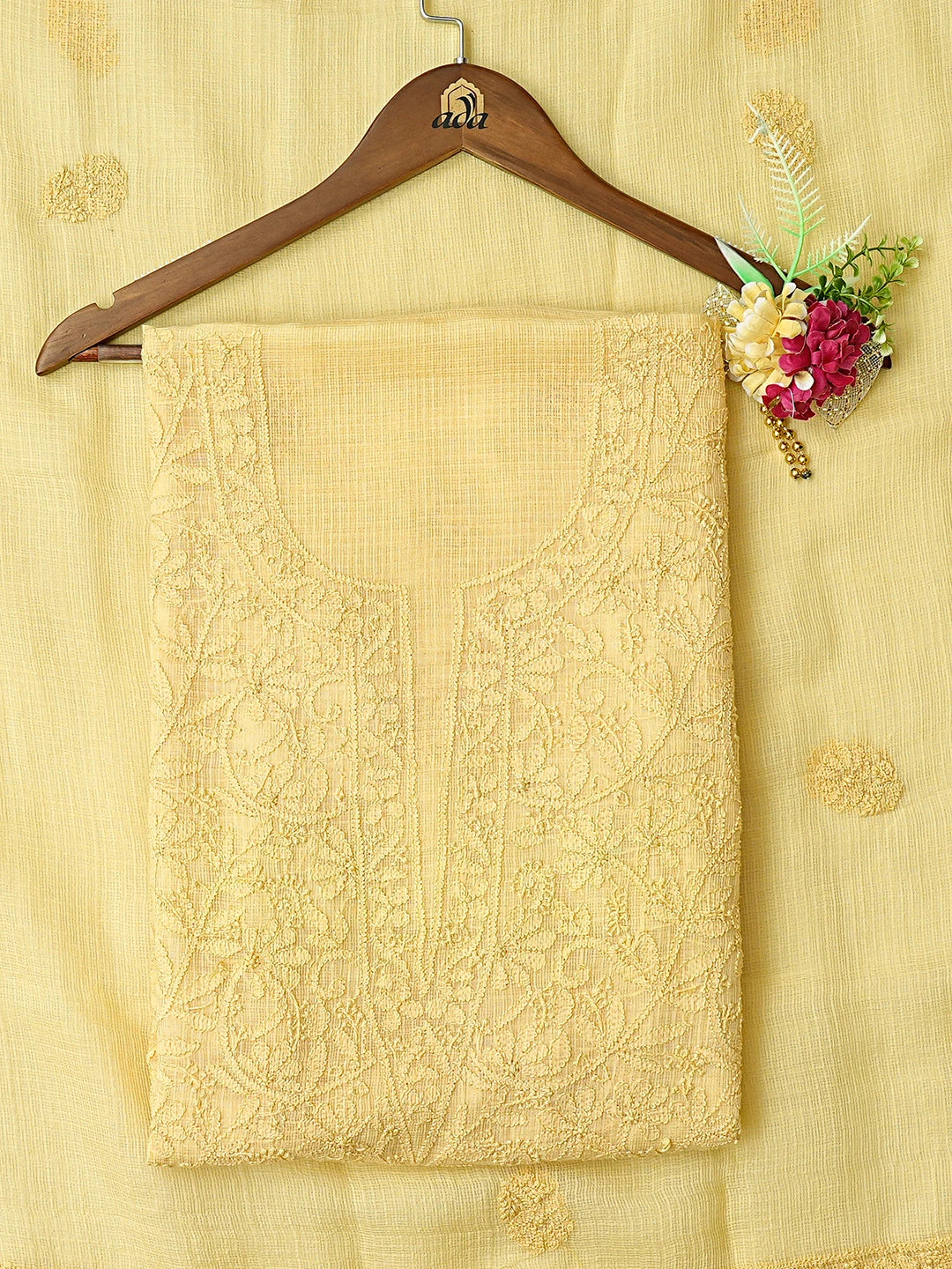 Ada Hand Embroidered Biscuit Yellow Kota Lucknowi Chikankari Unstitched Kurta Dupatta Set 01A681156