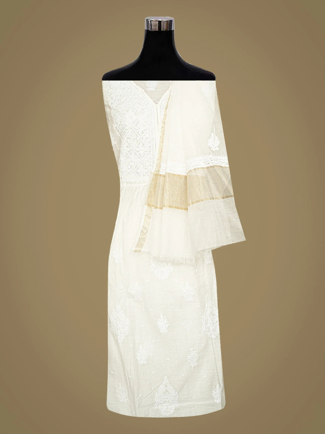 Ada Hand Embroidered White Chanderi Lucknowi Chikankari Semi-stitched Kurta Dupatta Set With Cutdana Work 01A833554