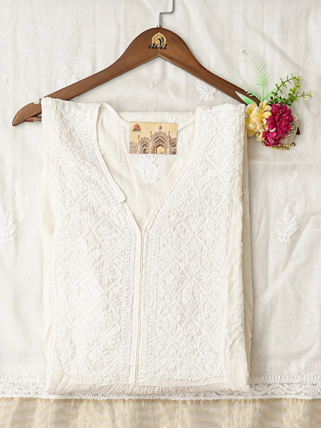 Ada Hand Embroidered White Chanderi Lucknowi Chikankari Semi-stitched Kurta Dupatta Set With Cutdana Work 01A833554