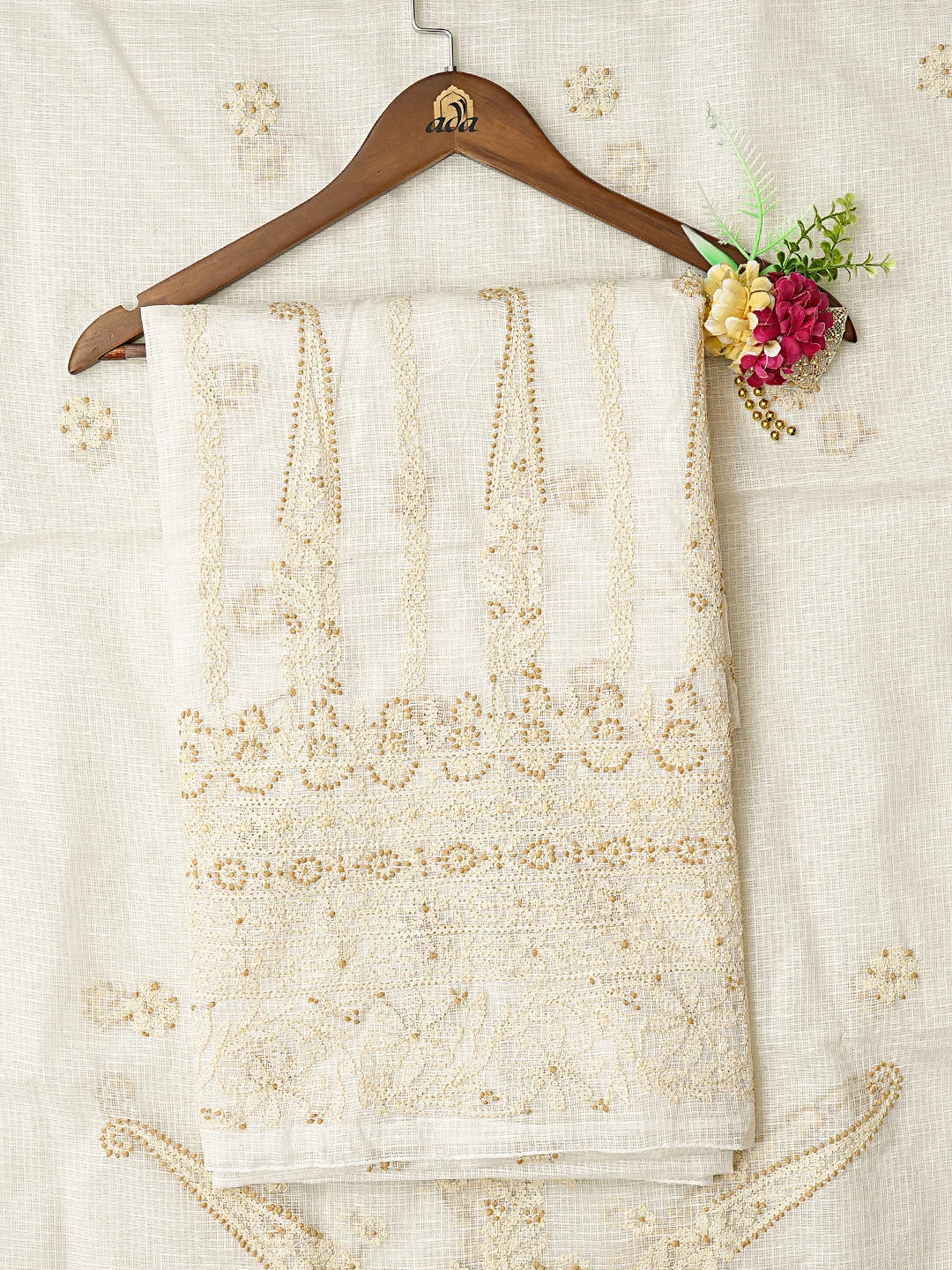 Ada Hand Embroidered Cream Kota Lucknowi Chikankari Unstitched Kurta Dupatta Set 01A831665