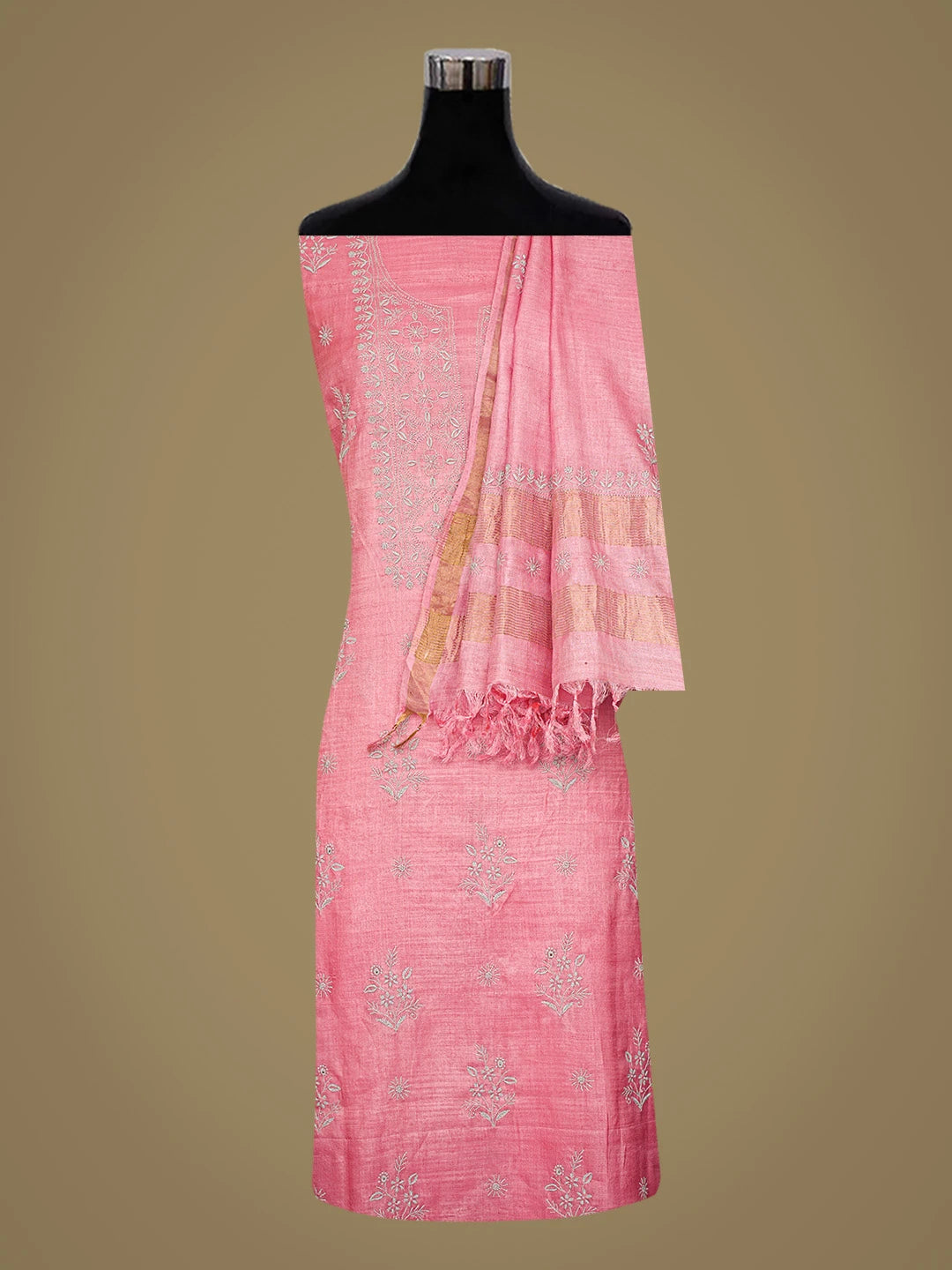 Ada Hand Embroidered Carrot Pink Silk Lucknowi Chikankari Unstitched Suit Piece 01A729207