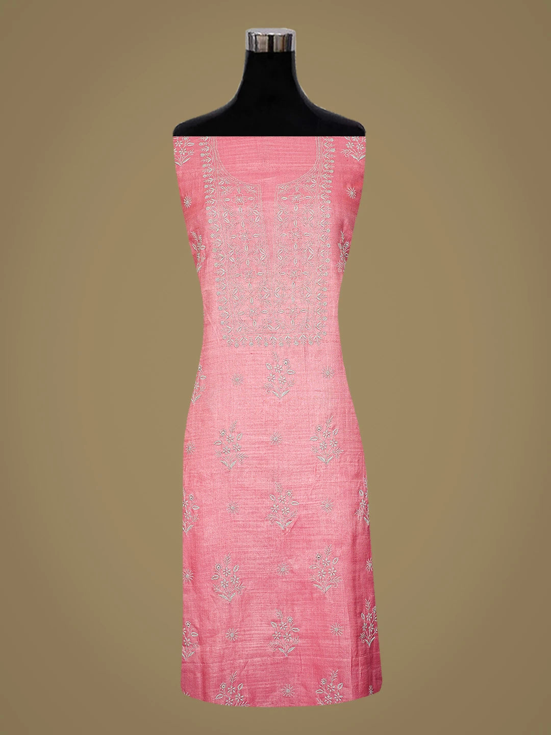 Ada Hand Embroidered Carrot Pink Silk Lucknowi Chikankari Unstitched Suit Piece 01A729207