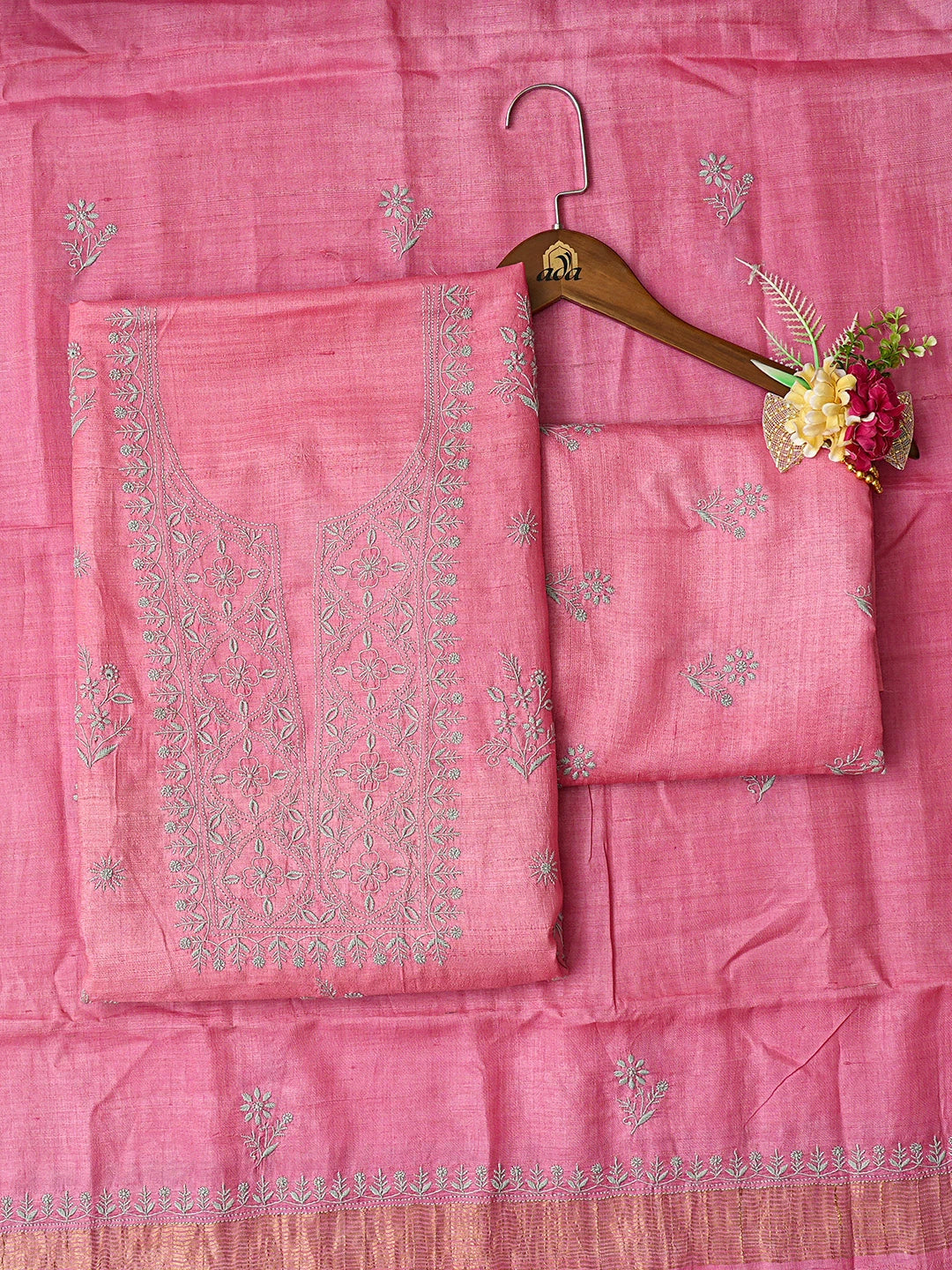 Ada Hand Embroidered Carrot Pink Silk Lucknowi Chikankari Unstitched Suit Piece 01A729207