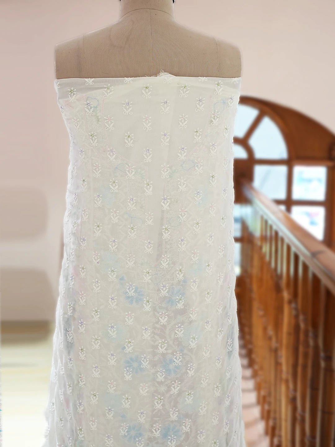 Ada Hand Embroidered White Pure Georgette Lucknowi Chikankari Unstitched Kurta Dupatta Set With Pearl Work 01A788579