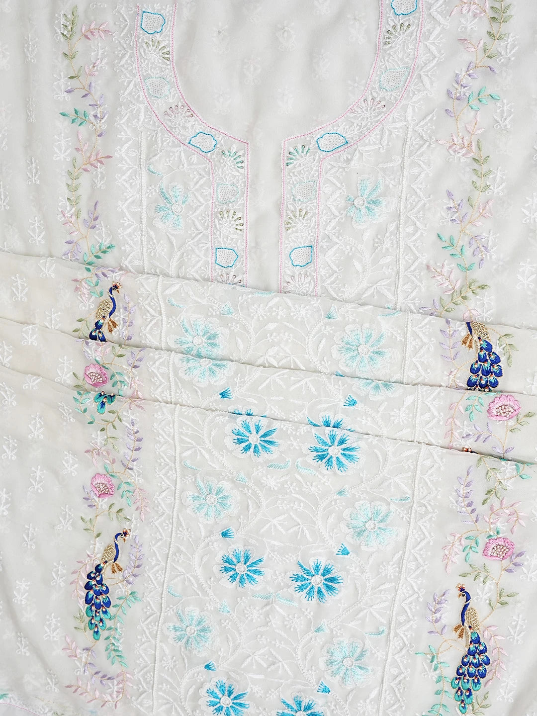 Ada Hand Embroidered White Pure Georgette Lucknowi Chikankari Unstitched Kurta Dupatta Set With Pearl Work 01A788579