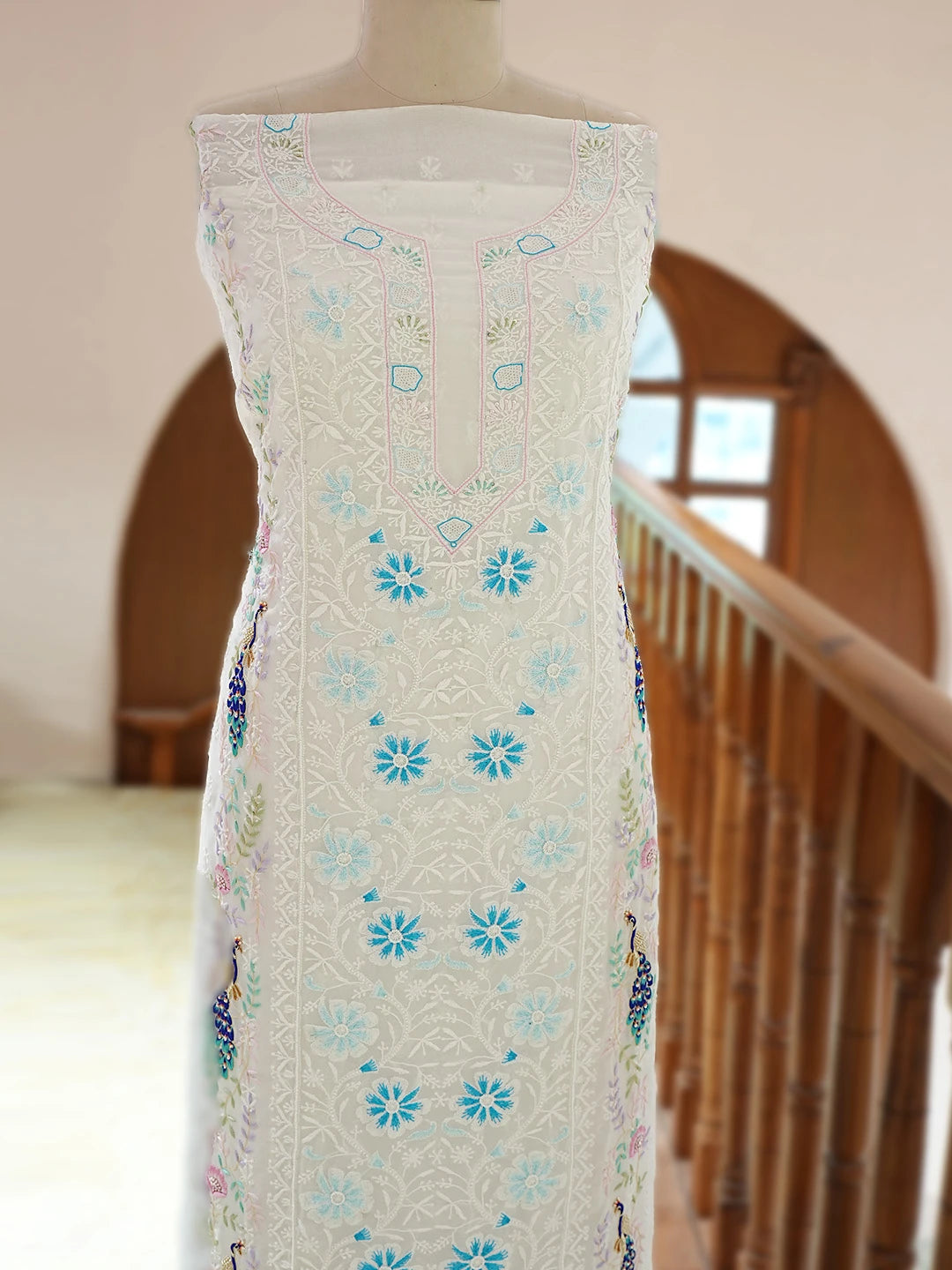 Ada Hand Embroidered White Pure Georgette Lucknowi Chikankari Unstitched Kurta Dupatta Set With Pearl Work 01A788579