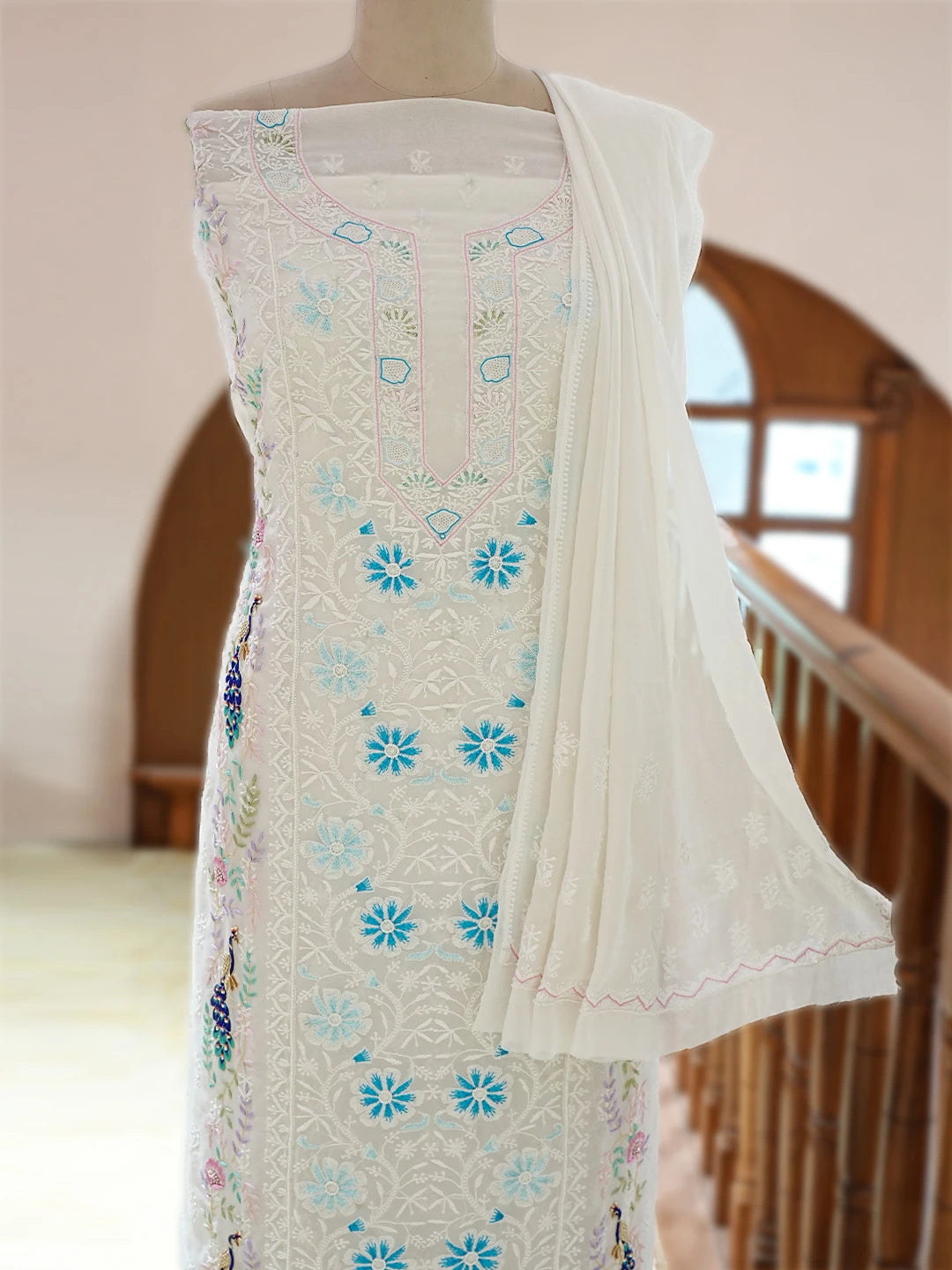 Ada Hand Embroidered White Pure Georgette Lucknowi Chikankari Unstitched Kurta Dupatta Set With Pearl Work 01A788579