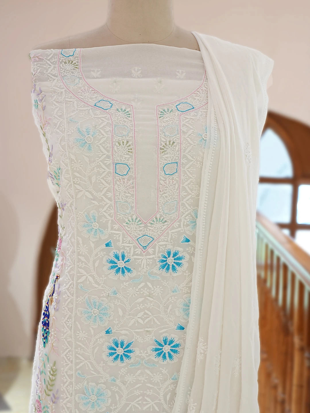 Ada Hand Embroidered White Pure Georgette Lucknowi Chikankari Unstitched Kurta Dupatta Set With Pearl Work 01A788579