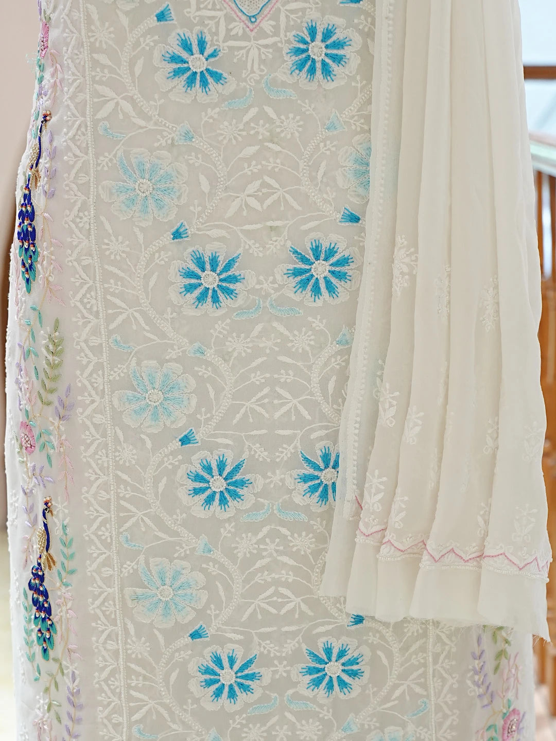 Ada Hand Embroidered White Pure Georgette Lucknowi Chikankari Unstitched Kurta Dupatta Set With Pearl Work 01A788579