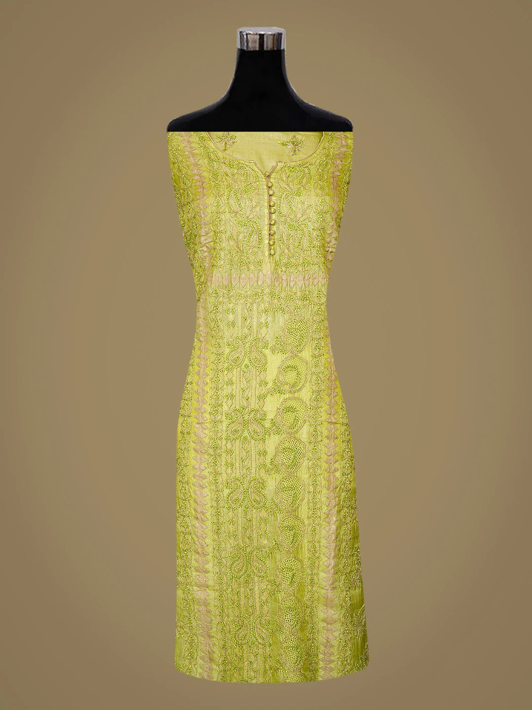 Ada Hand Embroidered Lime Green Silk Lucknowi Chikankari Semi-stitched Suit Piece With Muqaish Work 01A832440