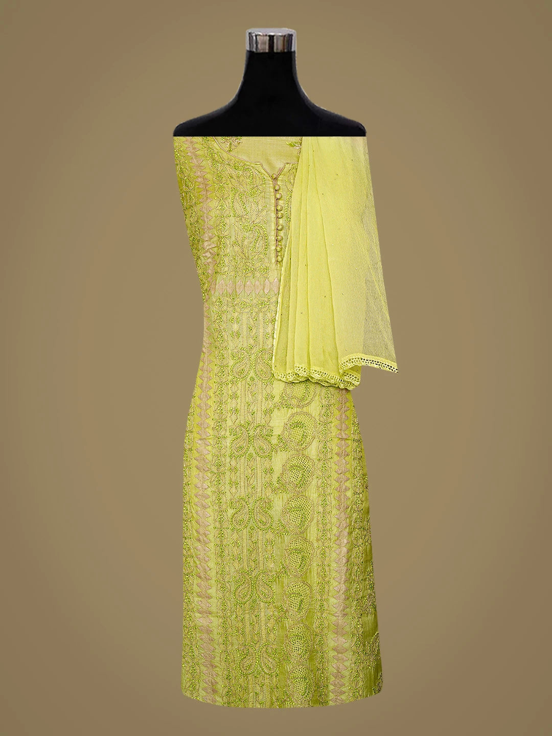 Ada Hand Embroidered Lime Green Silk Lucknowi Chikankari Semi-stitched Suit Piece With Muqaish Work 01A832440