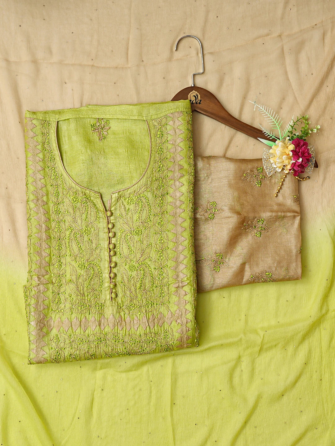 Ada Hand Embroidered Lime Green Silk Lucknowi Chikankari Semi-stitched Suit Piece With Muqaish Work 01A832440