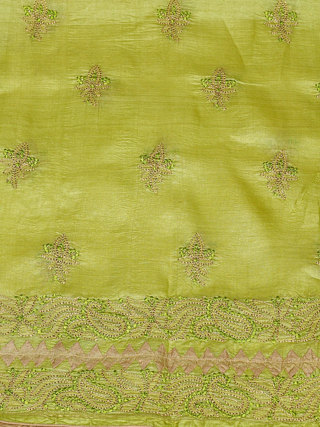 Ada Hand Embroidered Lime Green Silk Lucknowi Chikankari Semi-stitched Suit Piece With Muqaish Work 01A832440