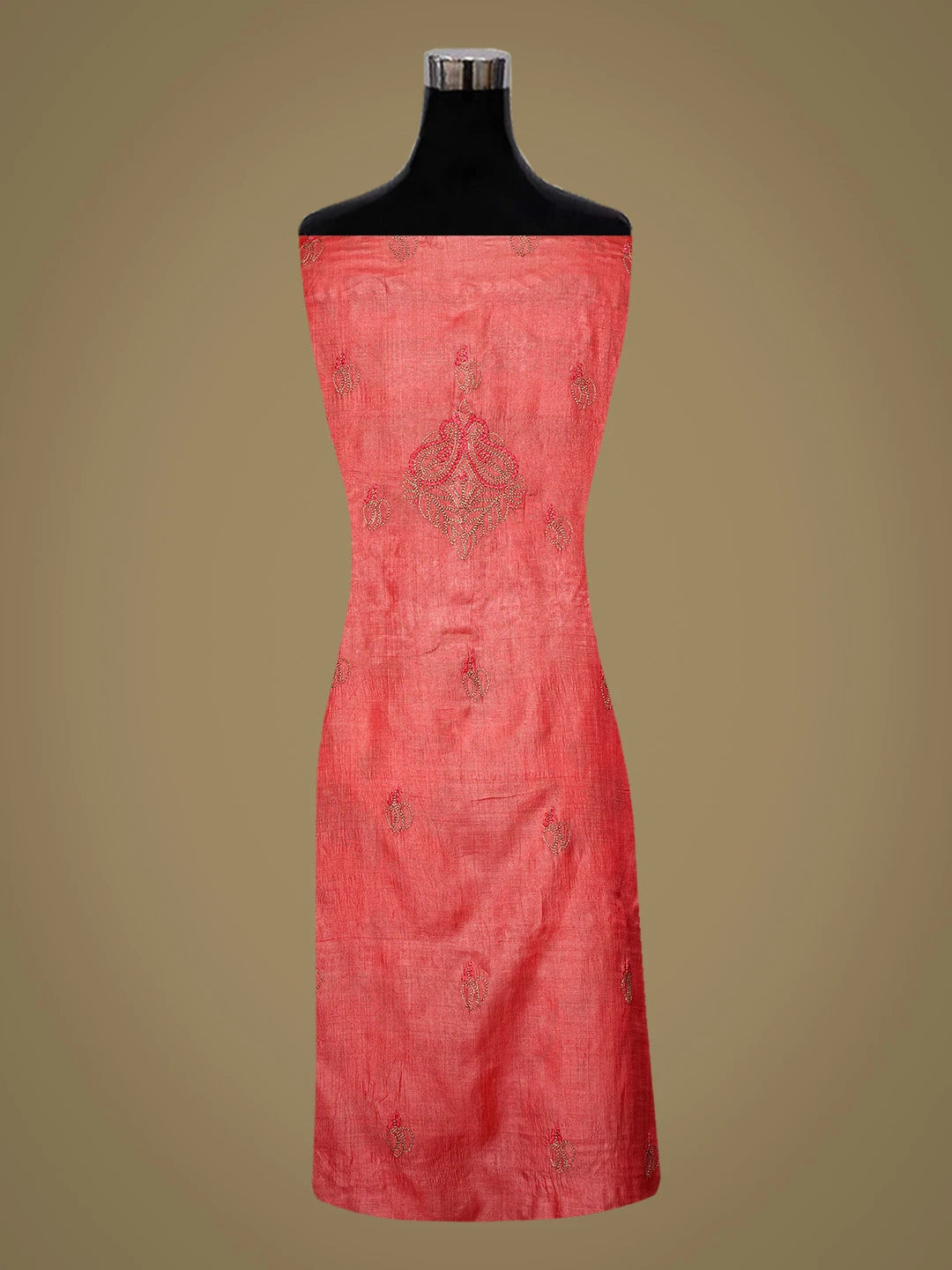 Ada Hand Embroidered Carrot Pink Silk Lucknowi Chikankari Semi-stitched Suit Piece With Muqaish Work 01A832472