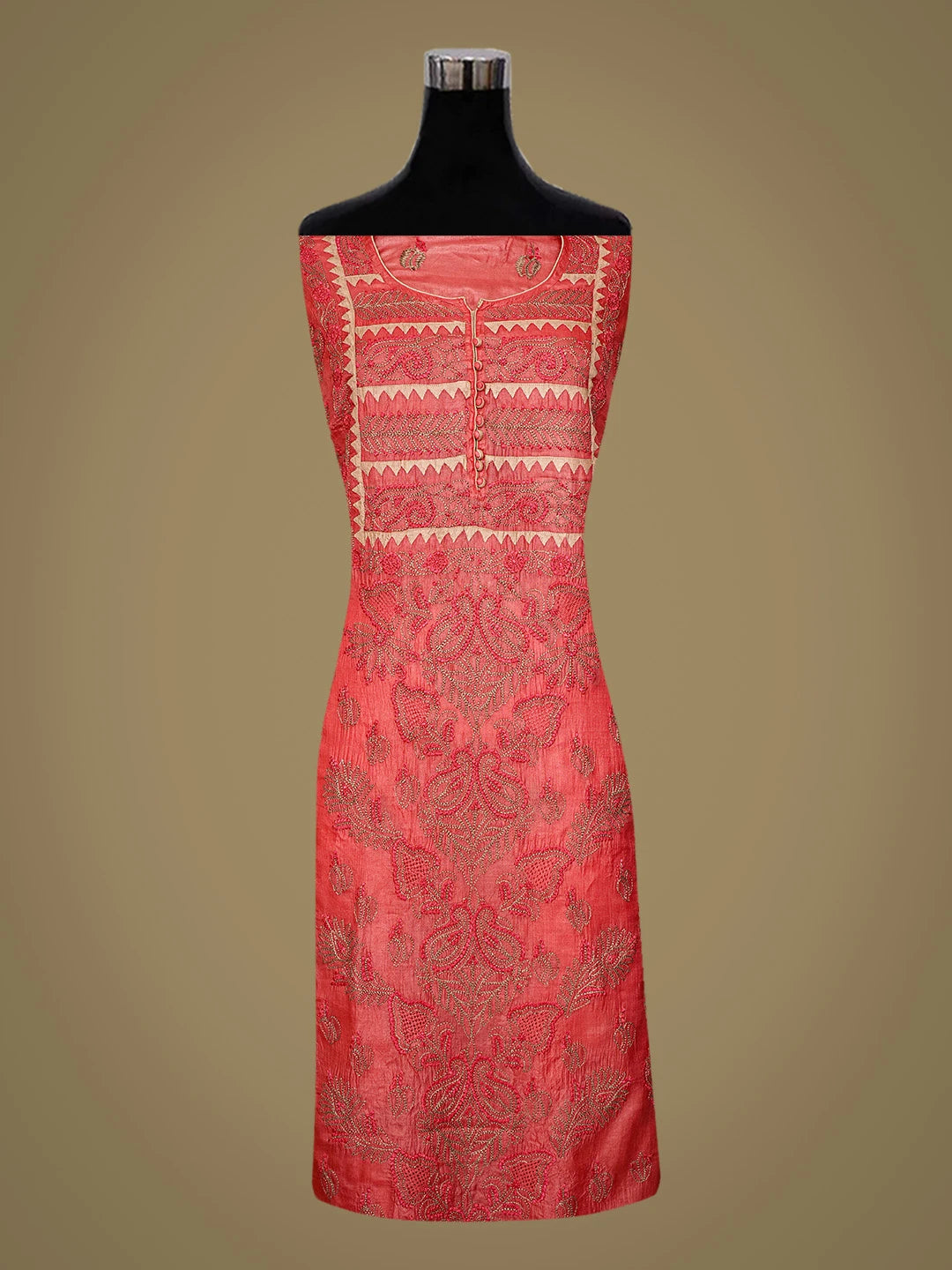Ada Hand Embroidered Carrot Pink Silk Lucknowi Chikankari Semi-stitched Suit Piece With Muqaish Work 01A832472