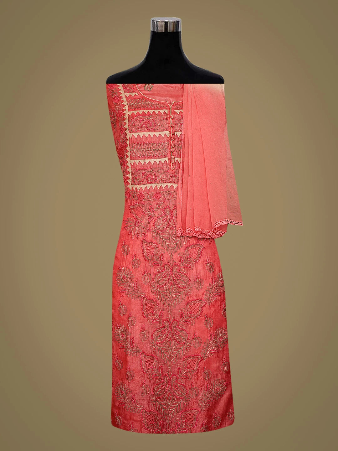 Ada Hand Embroidered Carrot Pink Silk Lucknowi Chikankari Semi-stitched Suit Piece With Muqaish Work 01A832472