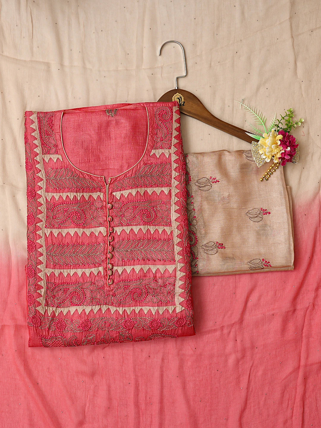 Ada Hand Embroidered Carrot Pink Silk Lucknowi Chikankari Semi-stitched Suit Piece With Muqaish Work 01A832472