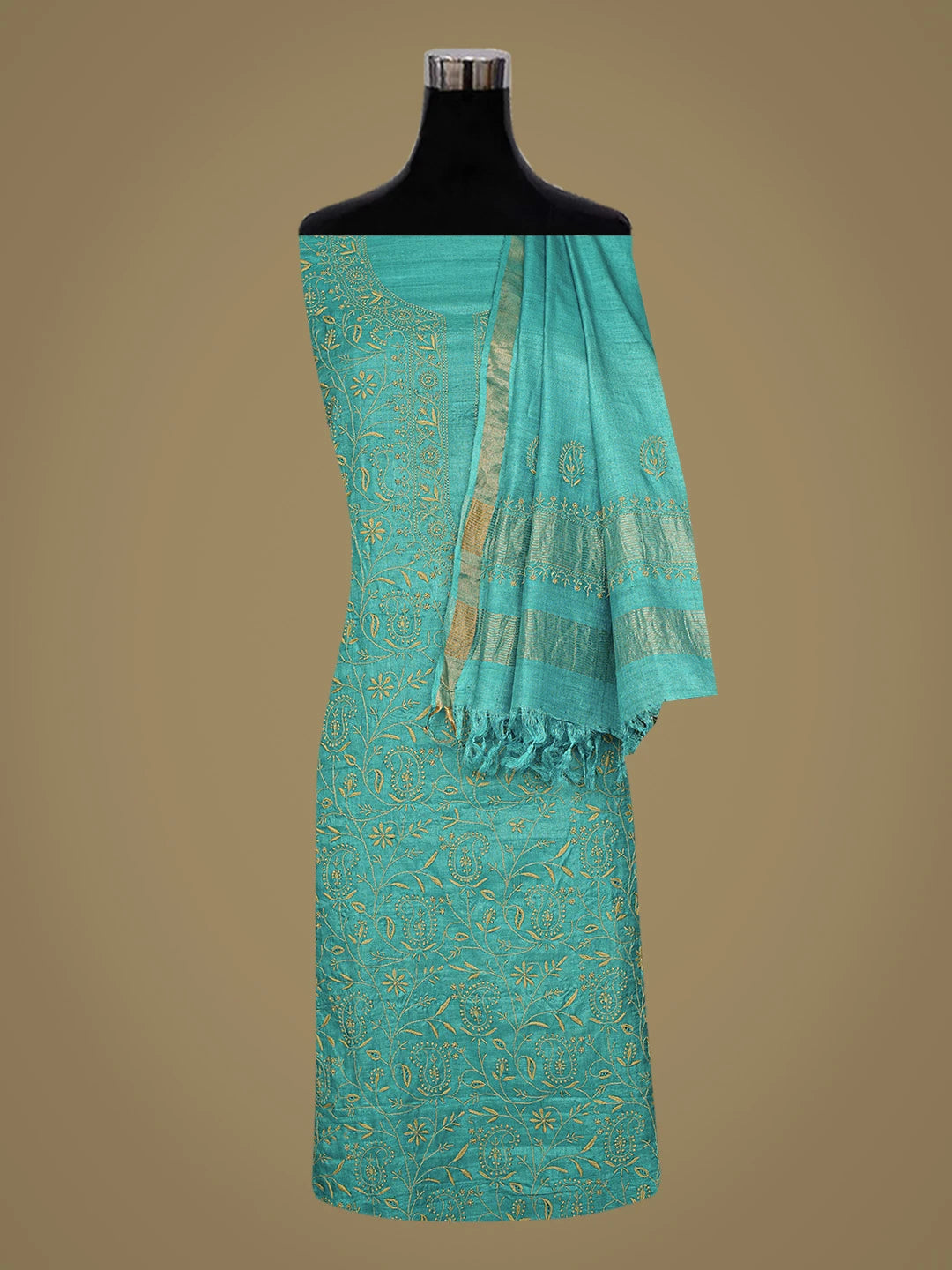Ada Hand Embroidered Peacock Blue Silk Lucknowi Chikankari Unstitched Suit Piece 01A826450