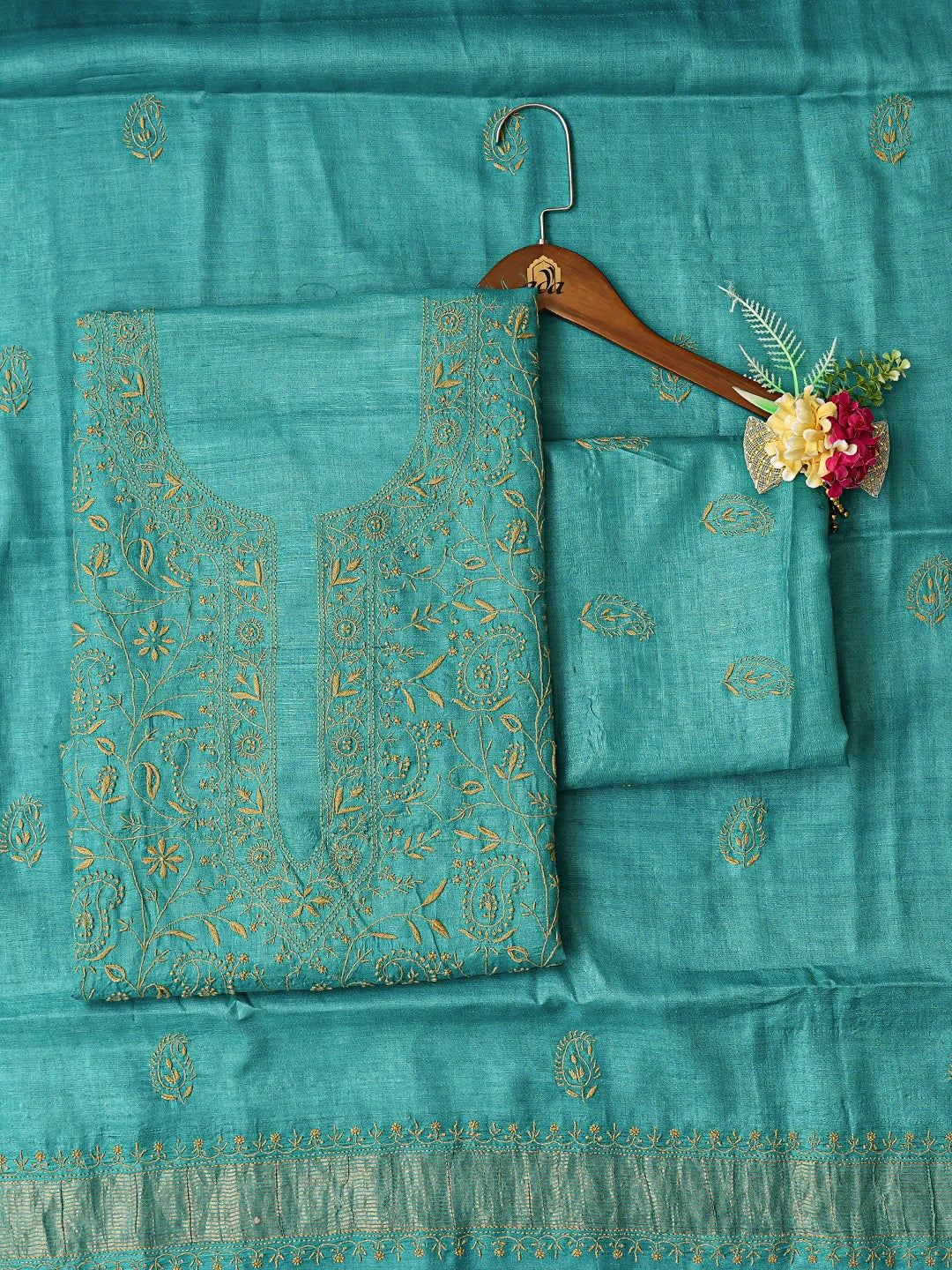 Ada Hand Embroidered Peacock Blue Silk Lucknowi Chikankari Unstitched Suit Piece 01A826450