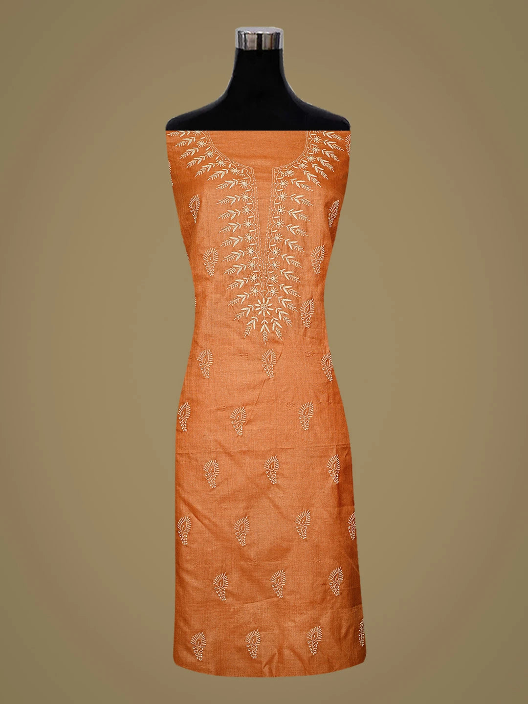 Ada Hand Embroidered Rust Tussar Silk Lucknowi Chikankari Unstitched Suit Piece 01A809107