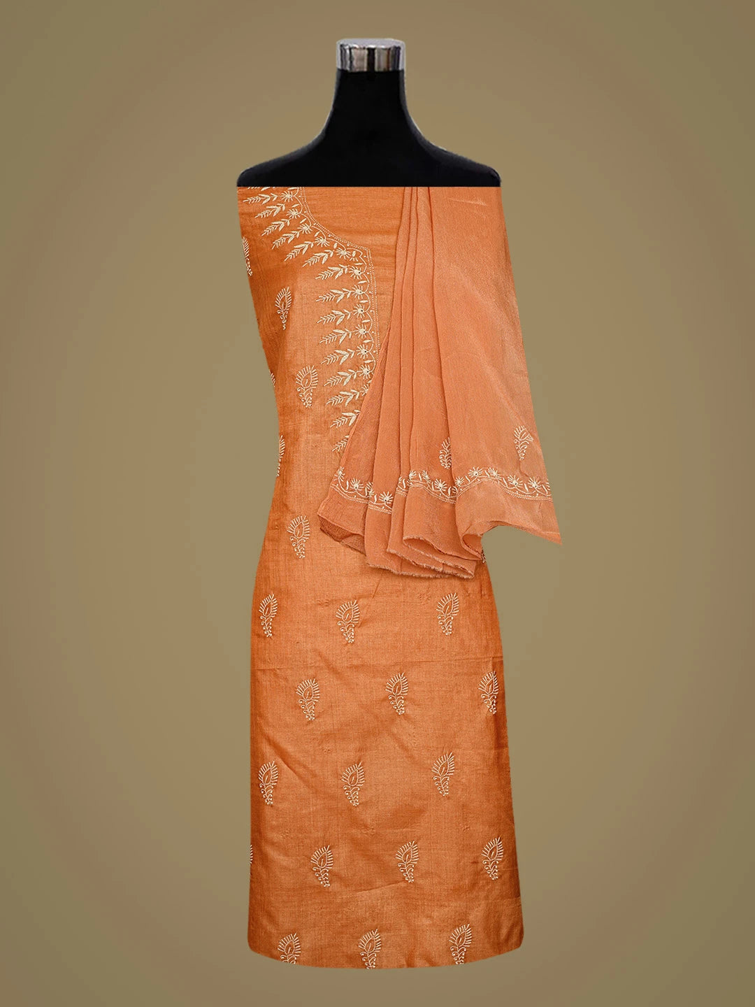 Ada Hand Embroidered Rust Tussar Silk Lucknowi Chikankari Unstitched Suit Piece 01A809107