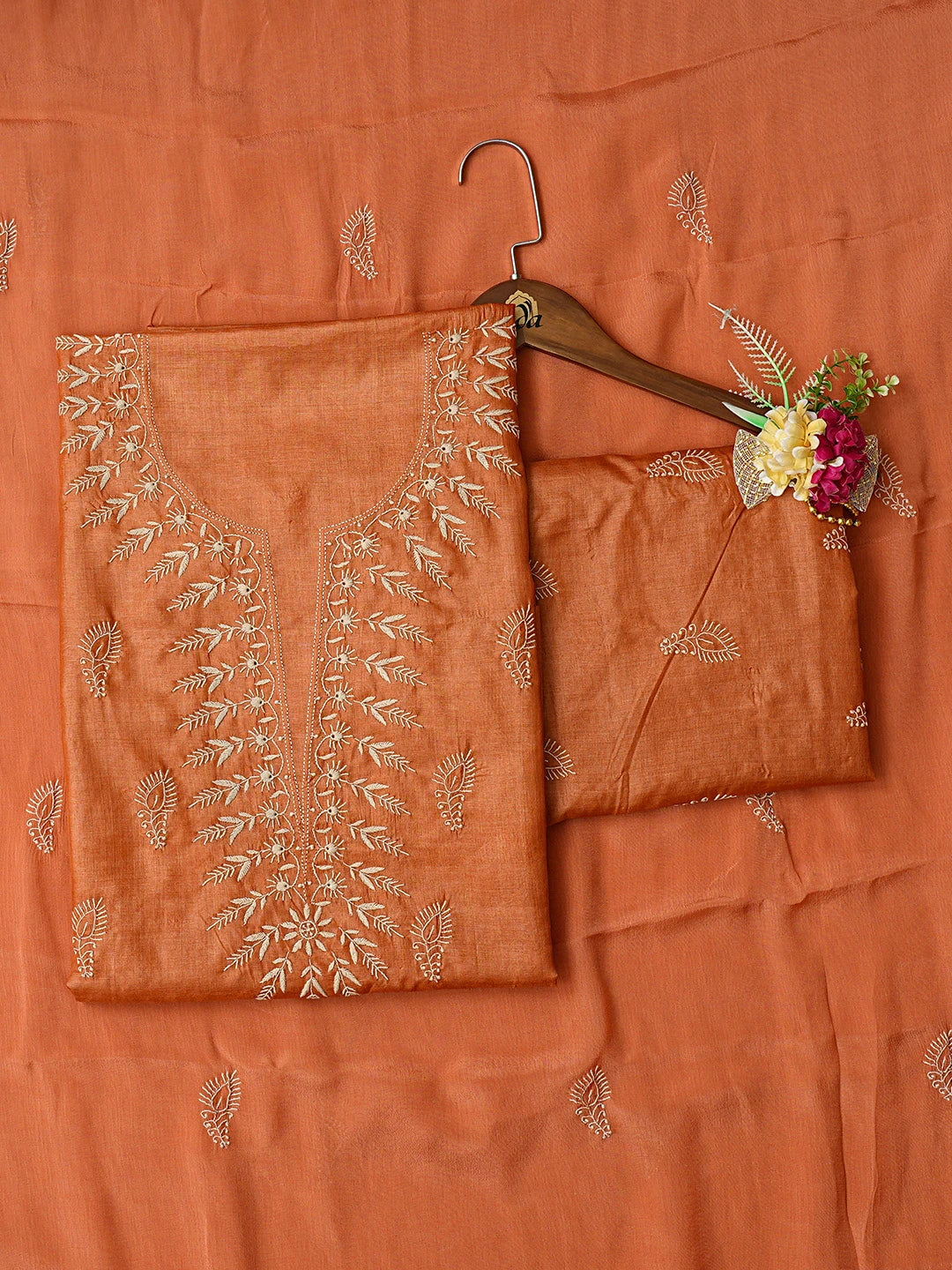 Ada Hand Embroidered Rust Tussar Silk Lucknowi Chikankari Unstitched Suit Piece 01A809107