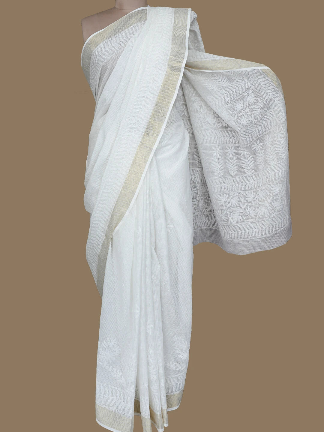 Ada Hand Embroidered White Kota Lucknowi Chikankari Saree and Blouse 01A754489