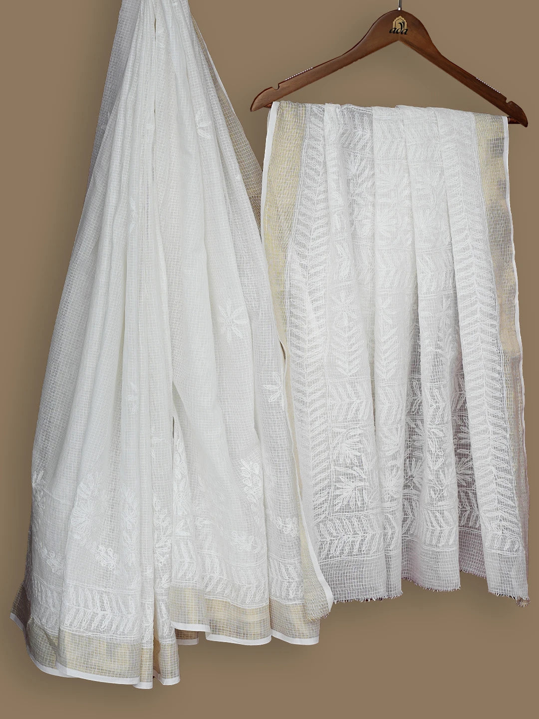 Ada Hand Embroidered White Kota Lucknowi Chikankari Saree and Blouse 01A754489