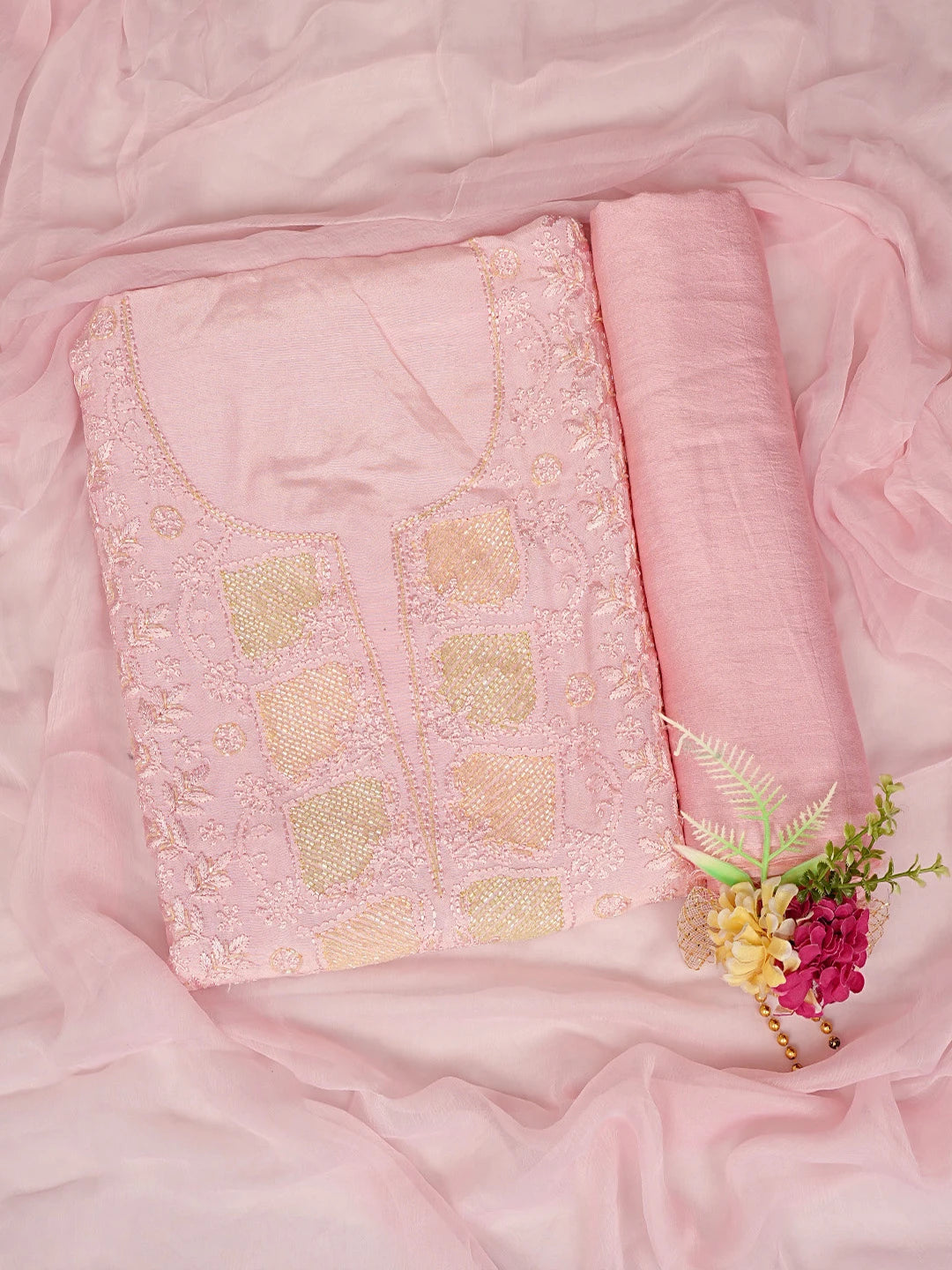 Ada Hand Embroidered Pink Muslin Lucknowi Chikankari Unstitched Suit Piece With Cutdana Work 01A746151