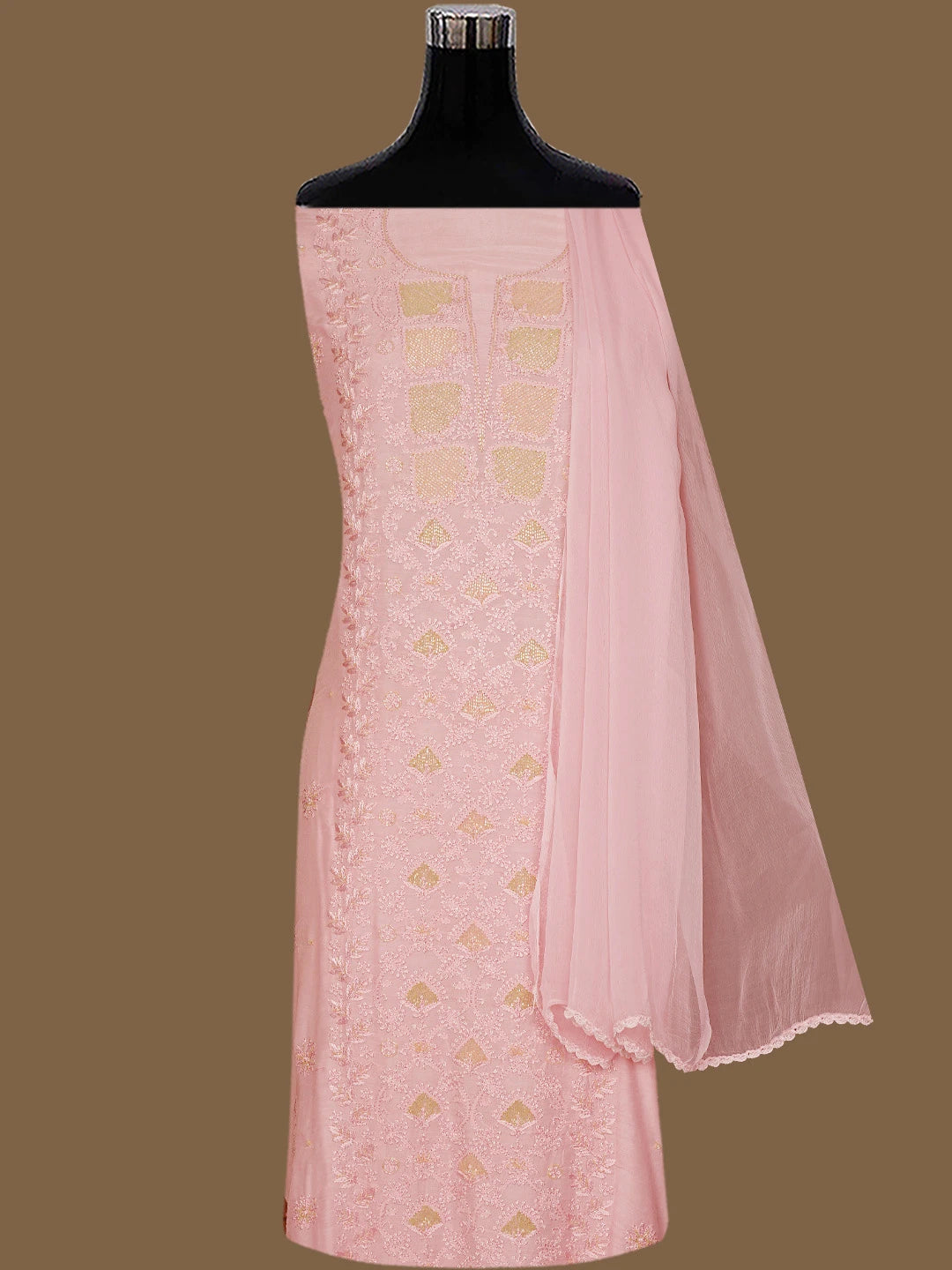 Ada Hand Embroidered Pink Muslin Lucknowi Chikankari Unstitched Suit Piece With Cutdana Work 01A746151