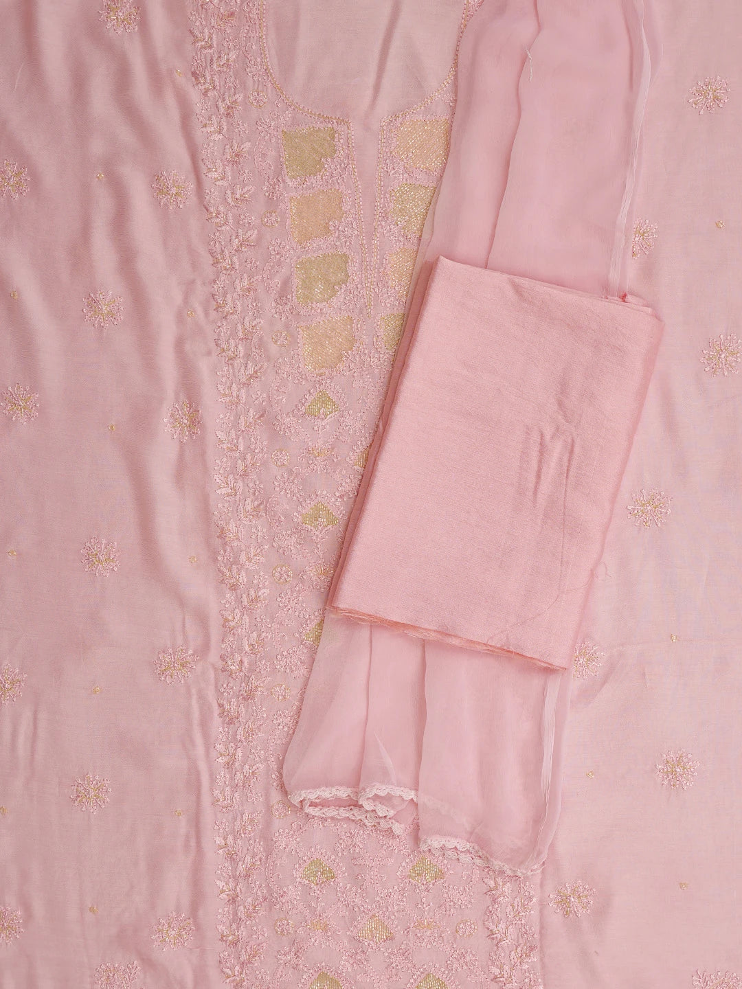 Ada Hand Embroidered Pink Muslin Lucknowi Chikankari Unstitched Suit Piece With Cutdana Work 01A746151