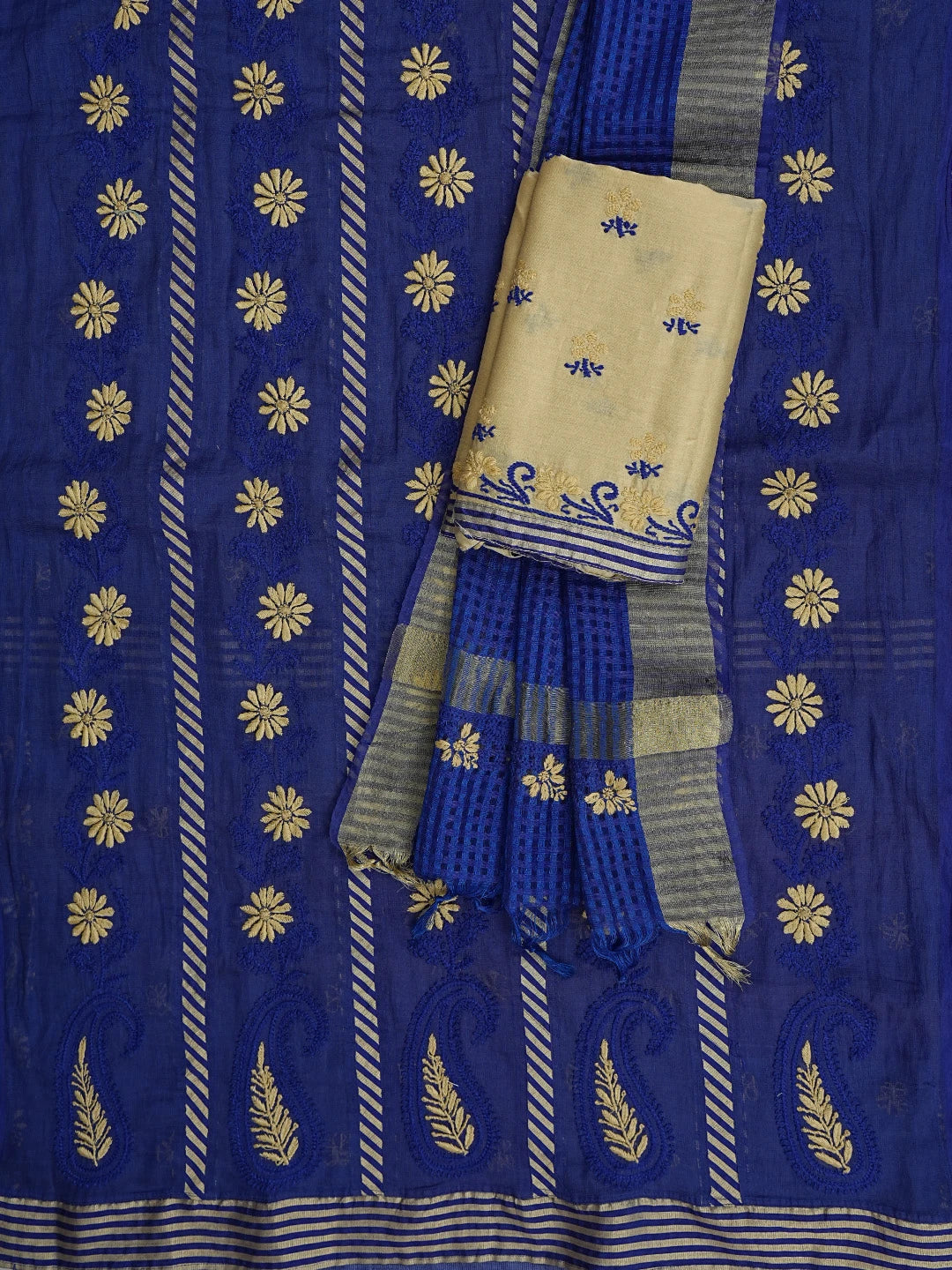 Ada Hand Embroidered Royal Blue Kota Chanderi Lucknowi Chikankari Unstitched Suit Piece A615862