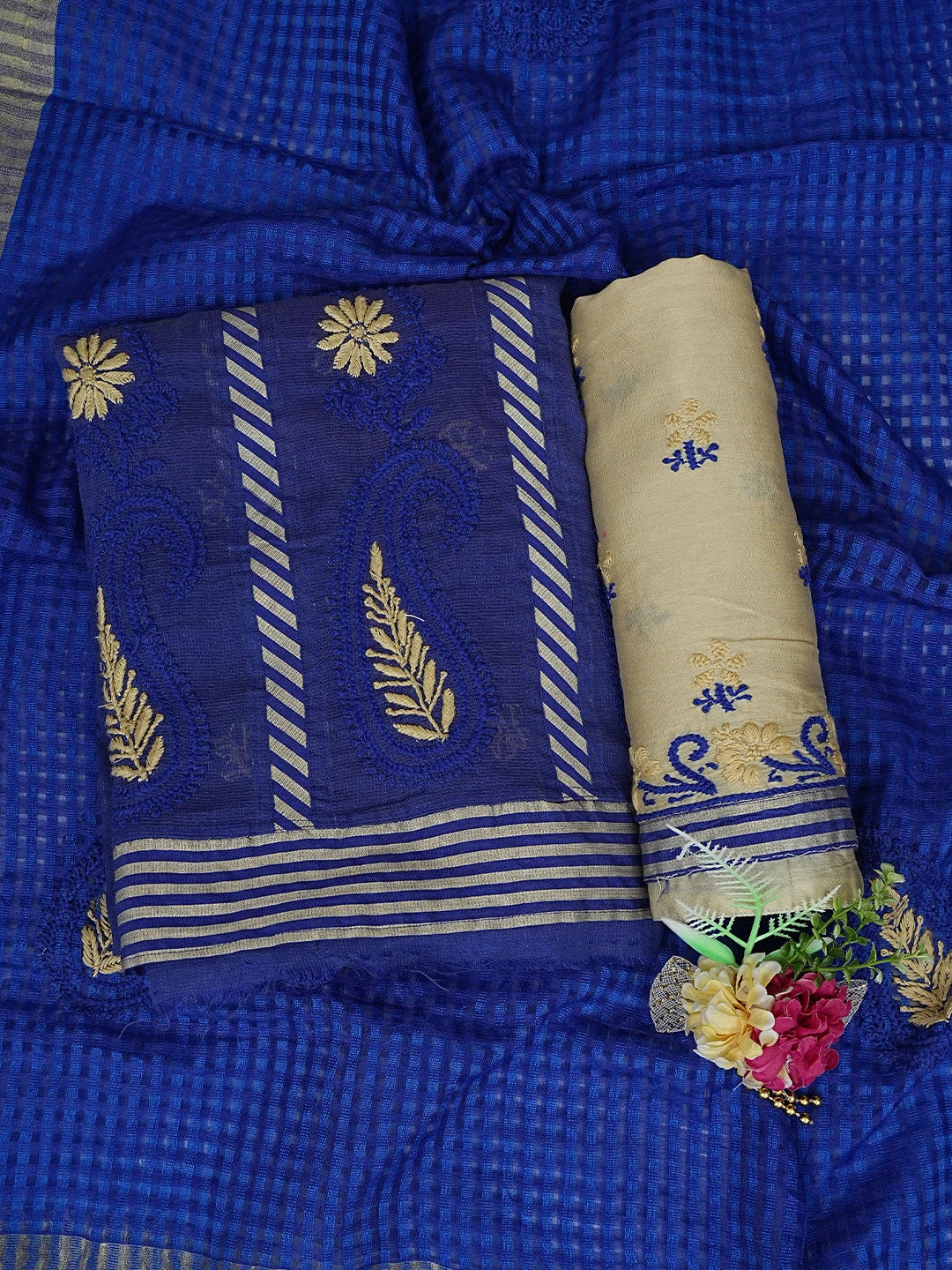 Ada Hand Embroidered Royal Blue Kota Chanderi Lucknowi Chikankari Unstitched Suit Piece A615862