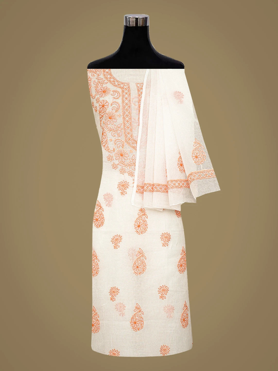 Ada Hand Embroidered White Kota Lucknowi Chikankari Unstitched Kurta Dupatta Set 01A831642