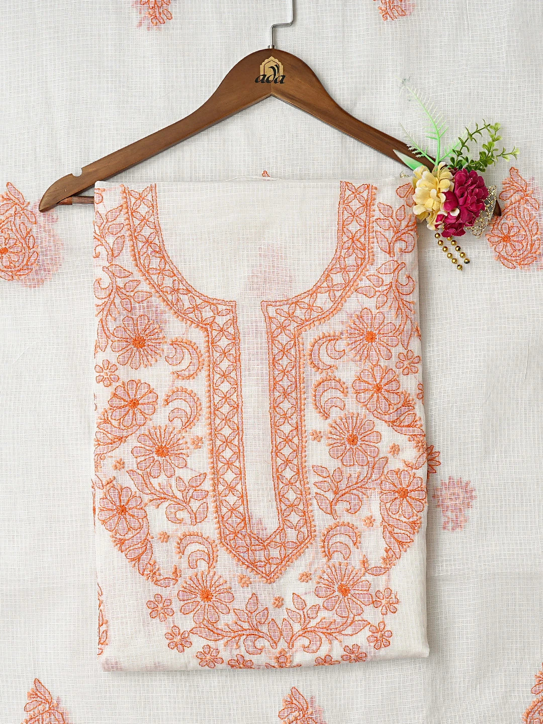 Ada Hand Embroidered White Kota Lucknowi Chikankari Unstitched Kurta Dupatta Set 01A831642