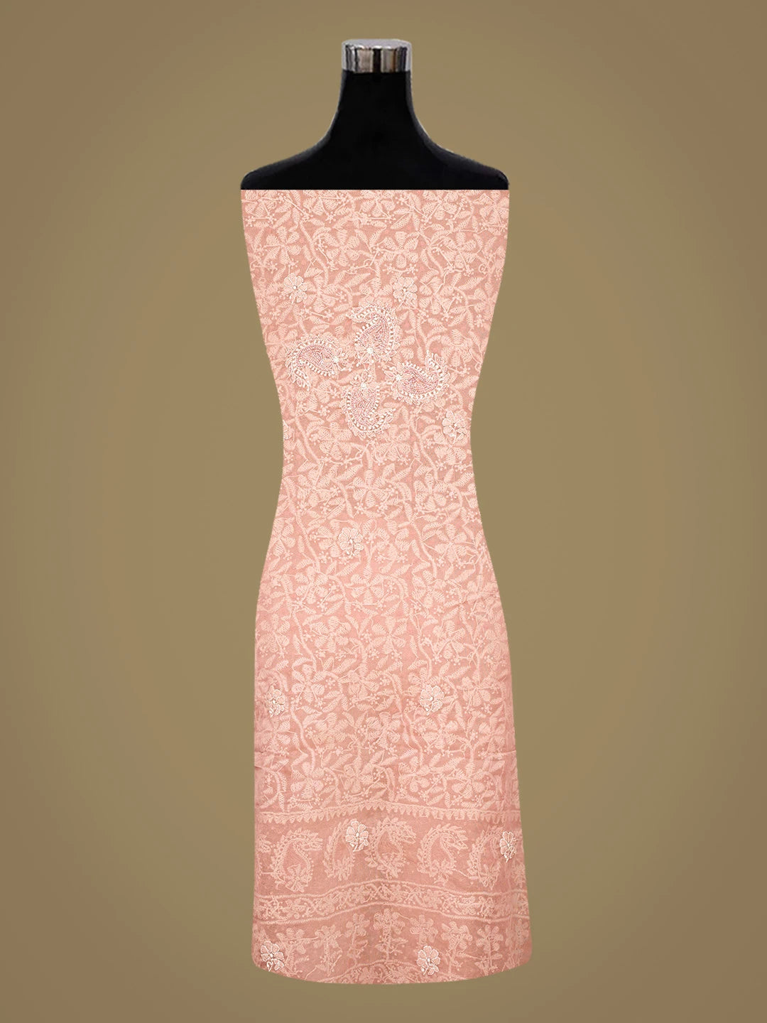 Ada Hand Embroidered Dusty Peach Organza Lucknowi Chikankari Unstitched Kurta Dupatta Set With Cutdana Work 01A737537