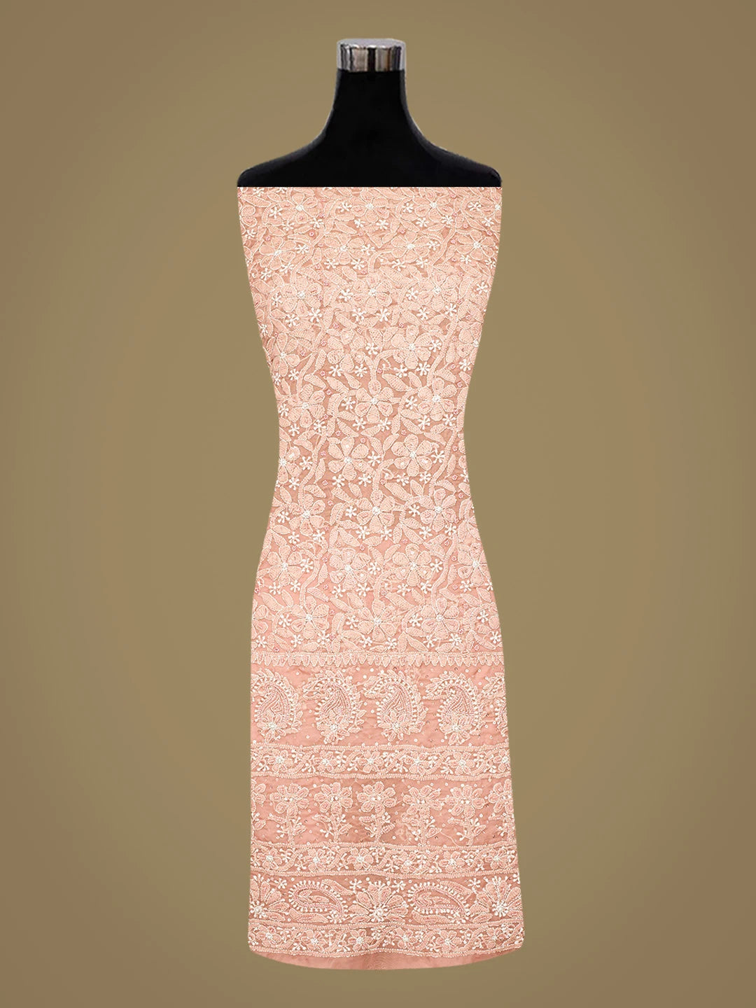 Ada Hand Embroidered Dusty Peach Organza Lucknowi Chikankari Unstitched Kurta Dupatta Set With Cutdana Work 01A737537
