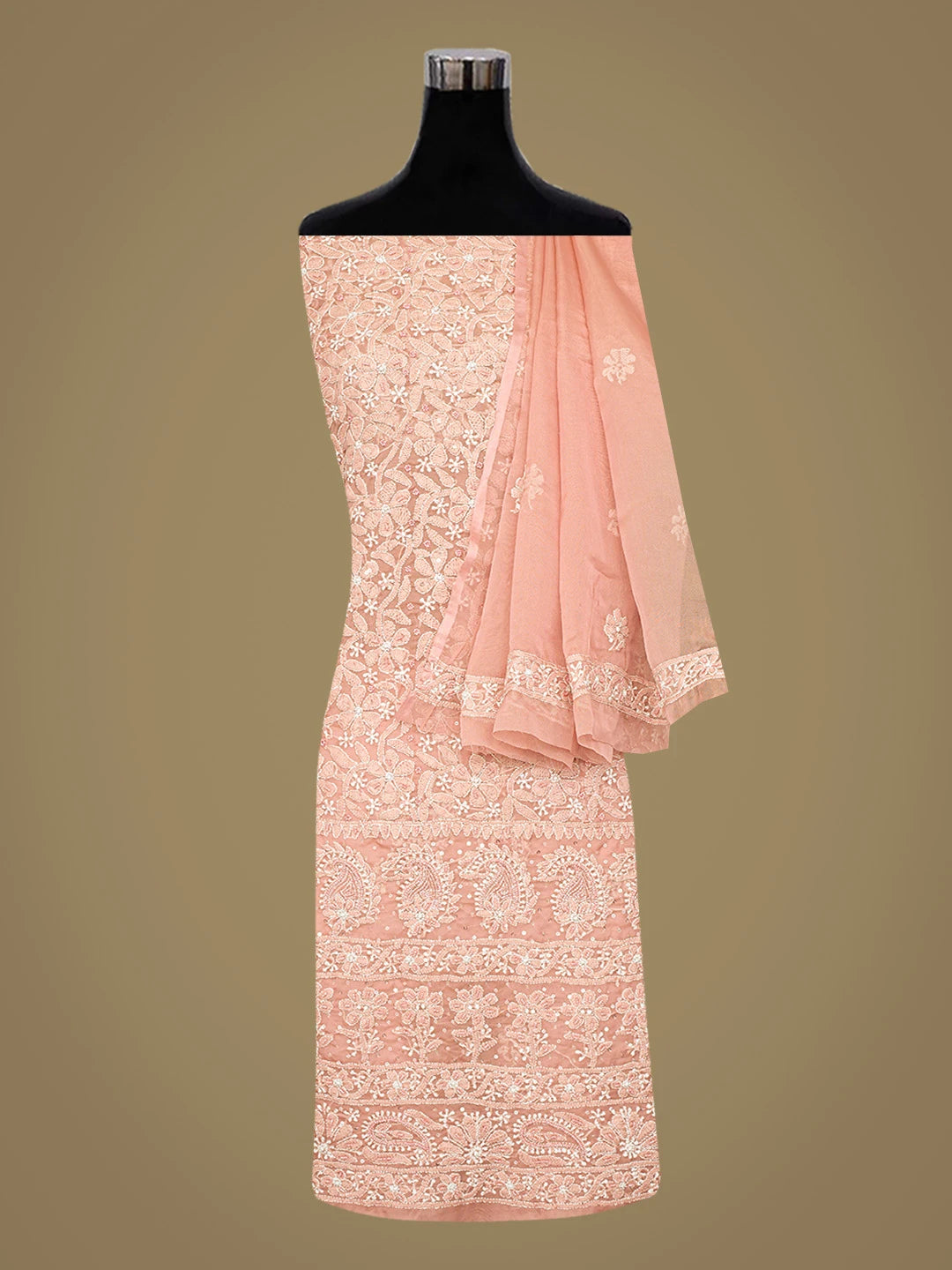 Ada Hand Embroidered Dusty Peach Organza Lucknowi Chikankari Unstitched Kurta Dupatta Set With Cutdana Work 01A737537