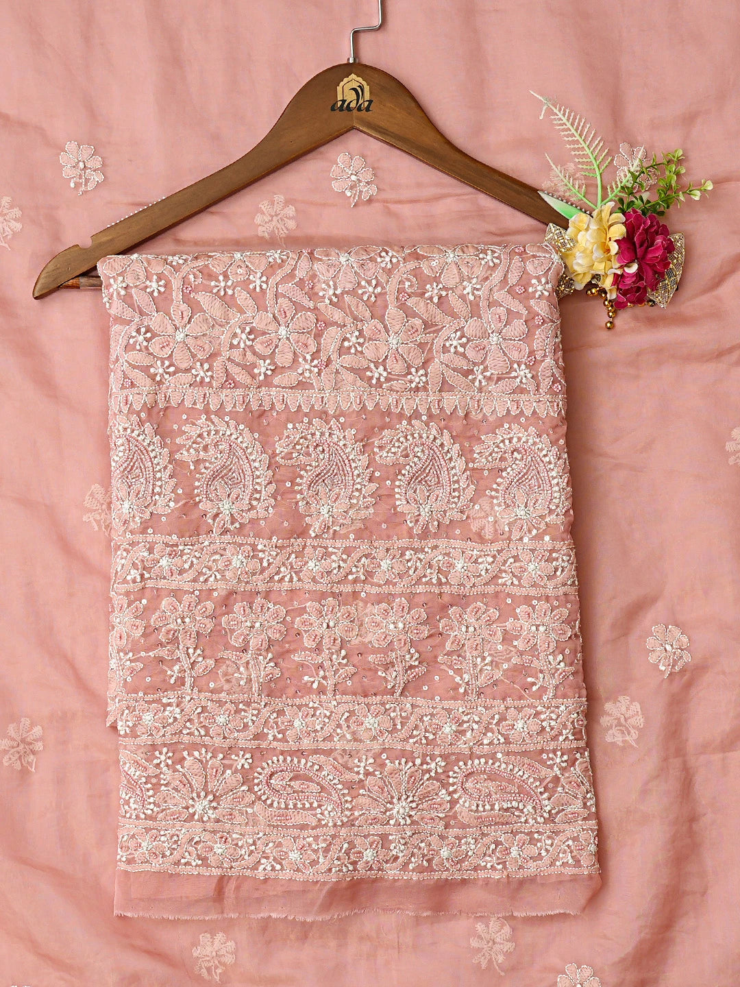 Ada Hand Embroidered Dusty Peach Organza Lucknowi Chikankari Unstitched Kurta Dupatta Set With Cutdana Work 01A737537