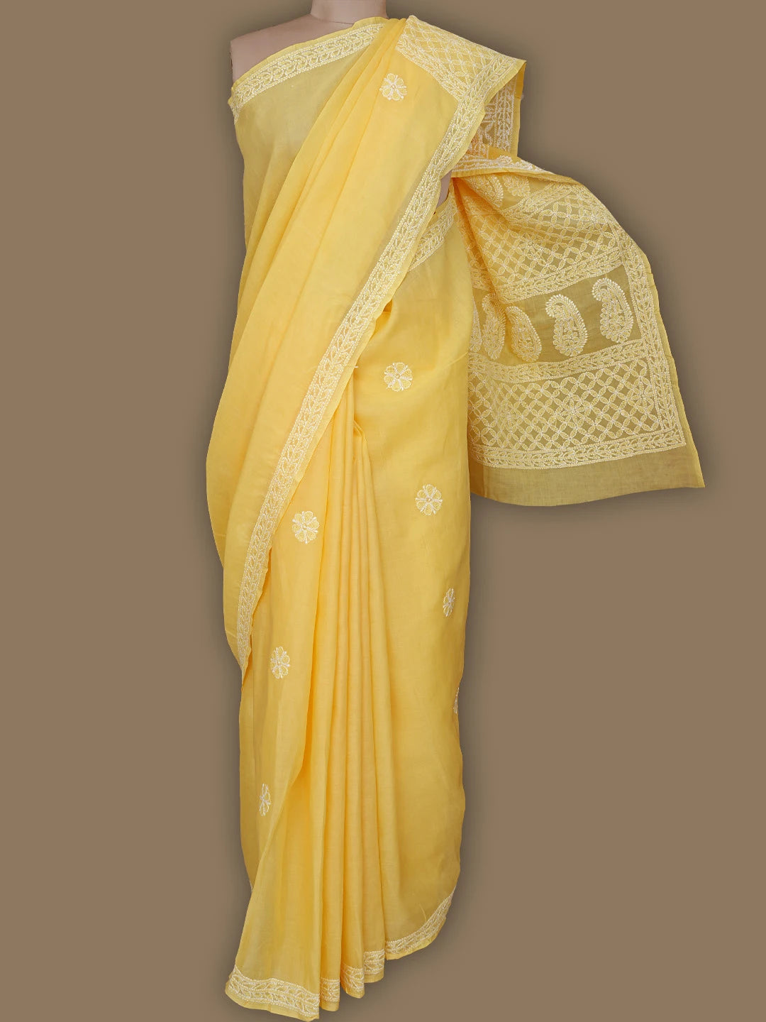 Ada Hand Embroidered Yellow Cotton Lucknowi Chikankari Saree With Blouse 01A801723