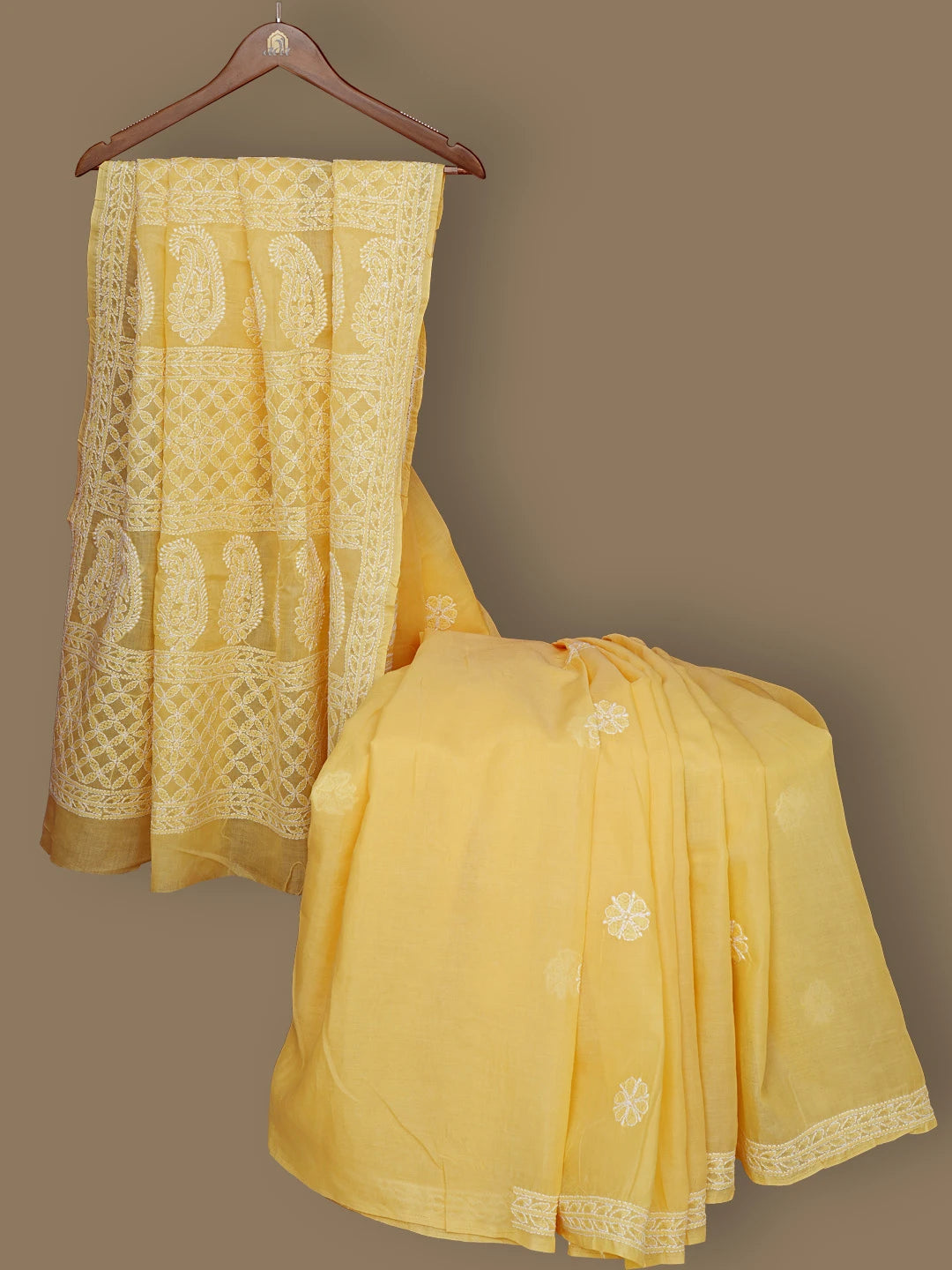 Ada Hand Embroidered Yellow Cotton Lucknowi Chikankari Saree With Blouse 01A801723