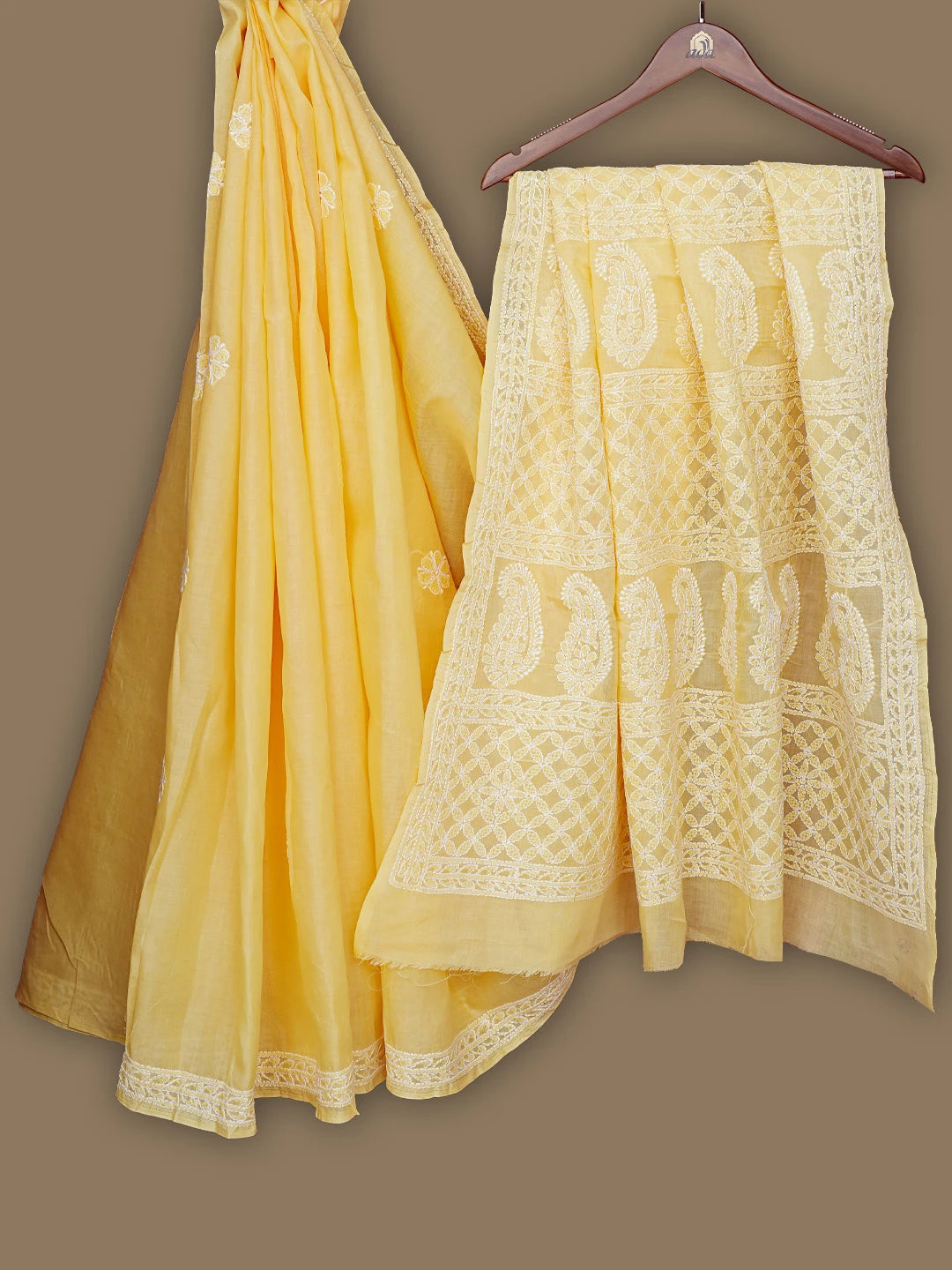 Ada Hand Embroidered Yellow Cotton Lucknowi Chikankari Saree With Blouse 01A801723