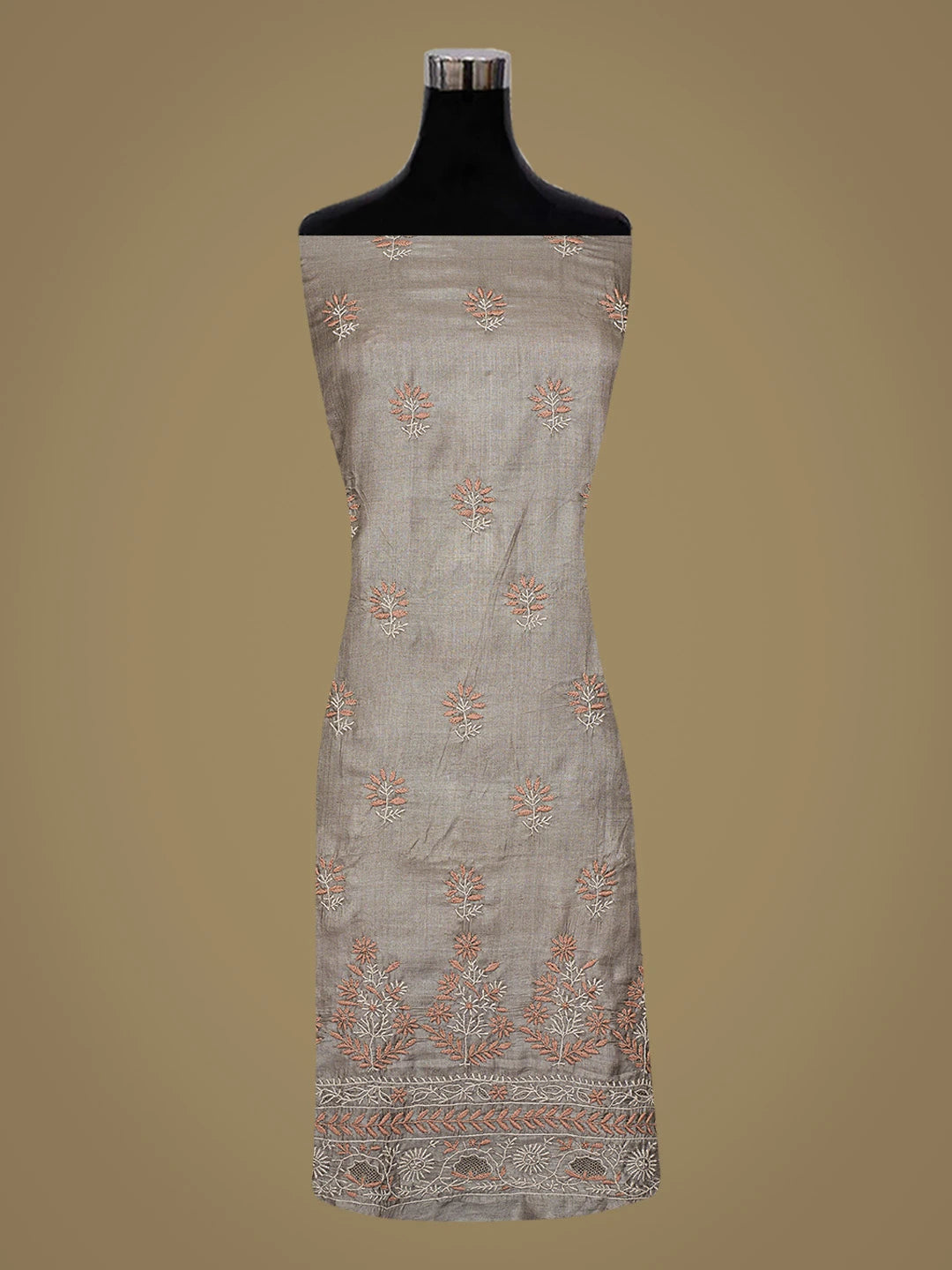 Ada Hand Embroidered Grey Silk Lucknowi Chikankari Unstitched Kurta Dupatta Set 01A729218